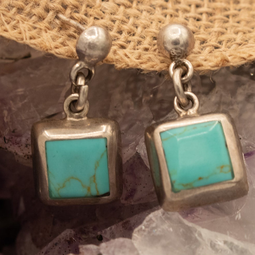 Timberline Turquoise Earrings with a Square Silver Border Handcrafted in Mexico