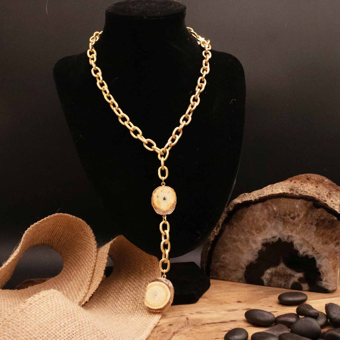 Soft Surrounding Cressa Light Brown Agate & Gold Double Pendant Necklace
