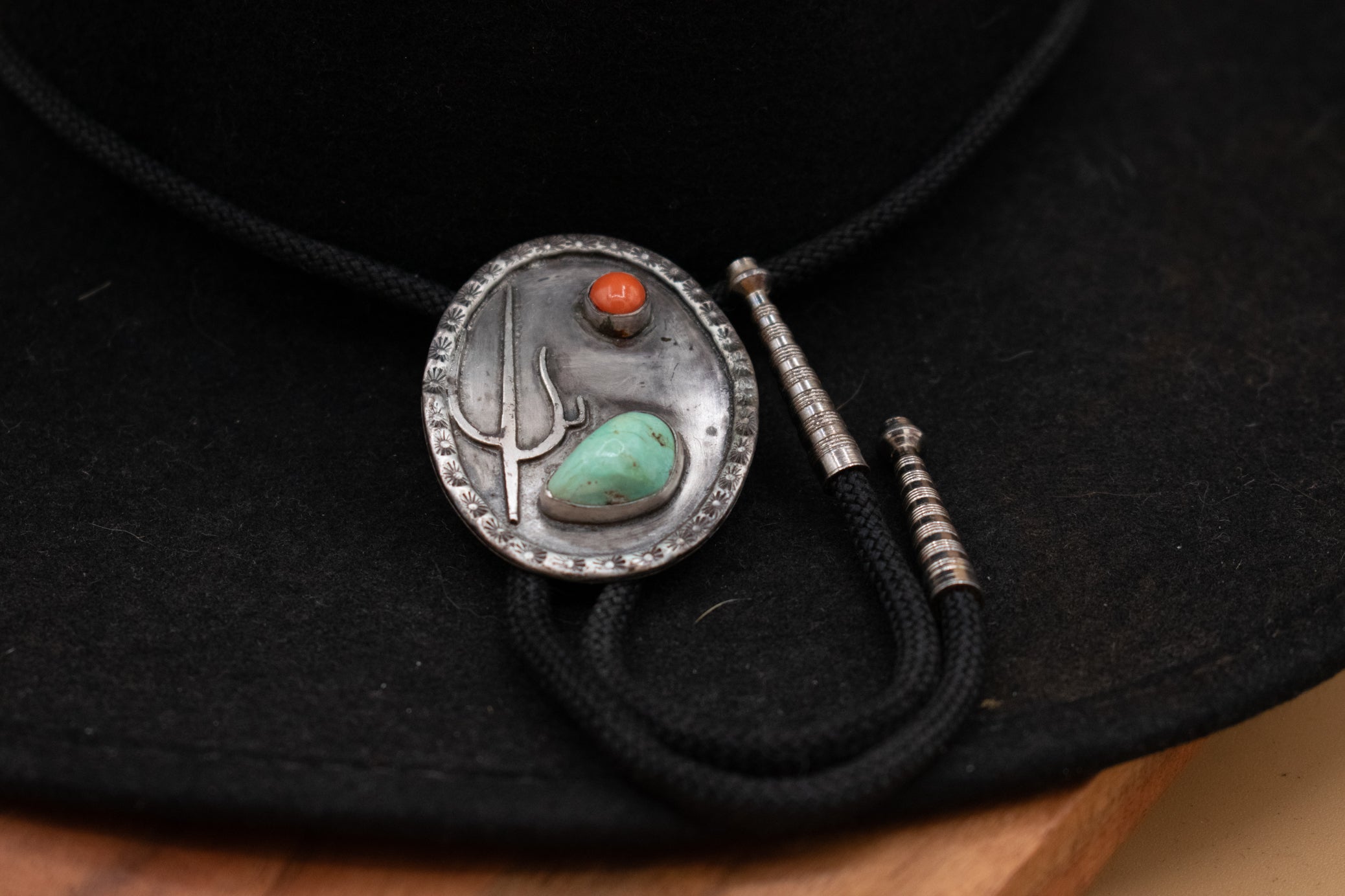 Native American Cactus Bolo Tie with Turquoise and Red Coral Gemstones