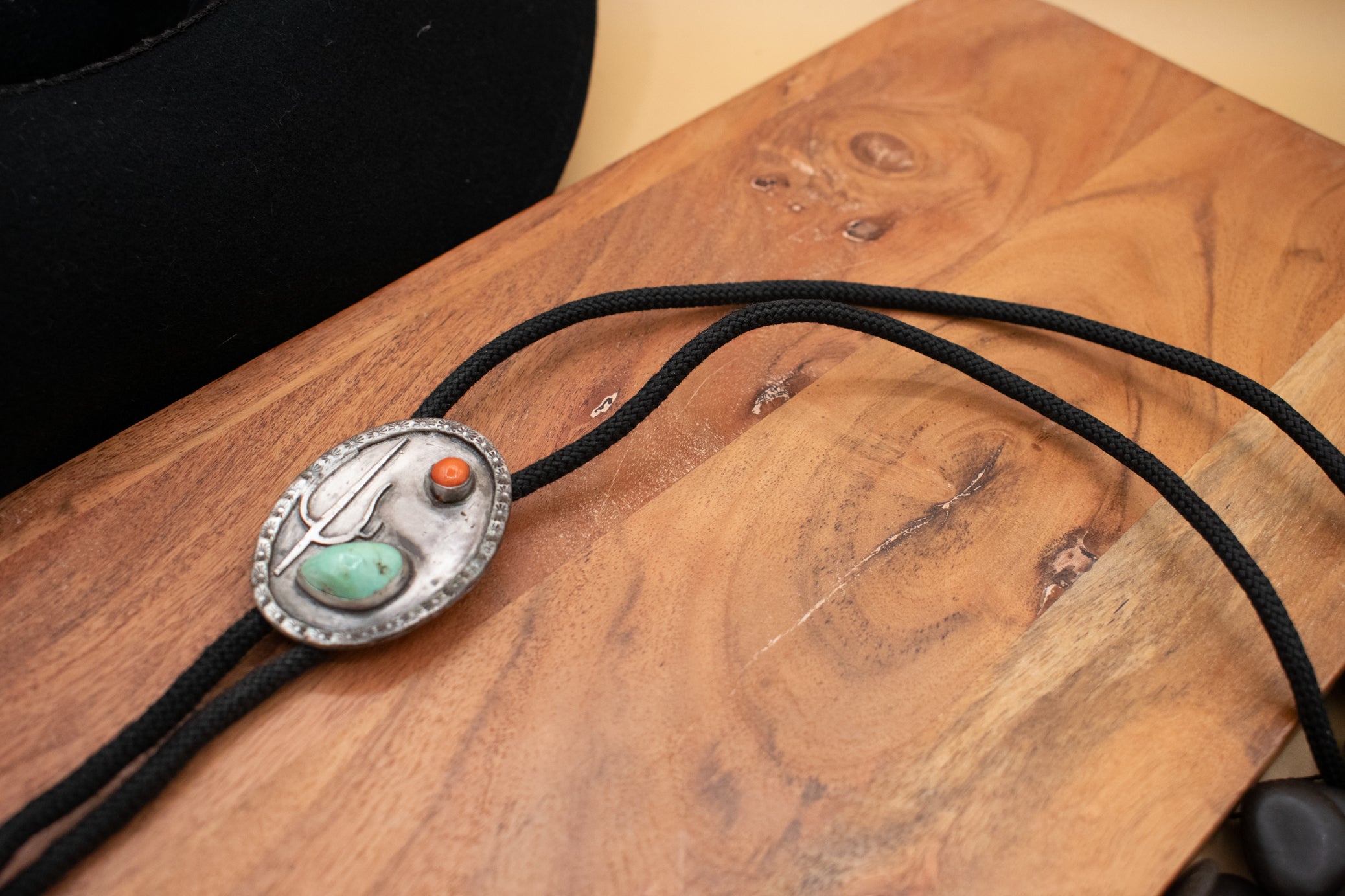 Native American Cactus Bolo Tie with Turquoise and Red Coral Gemstones