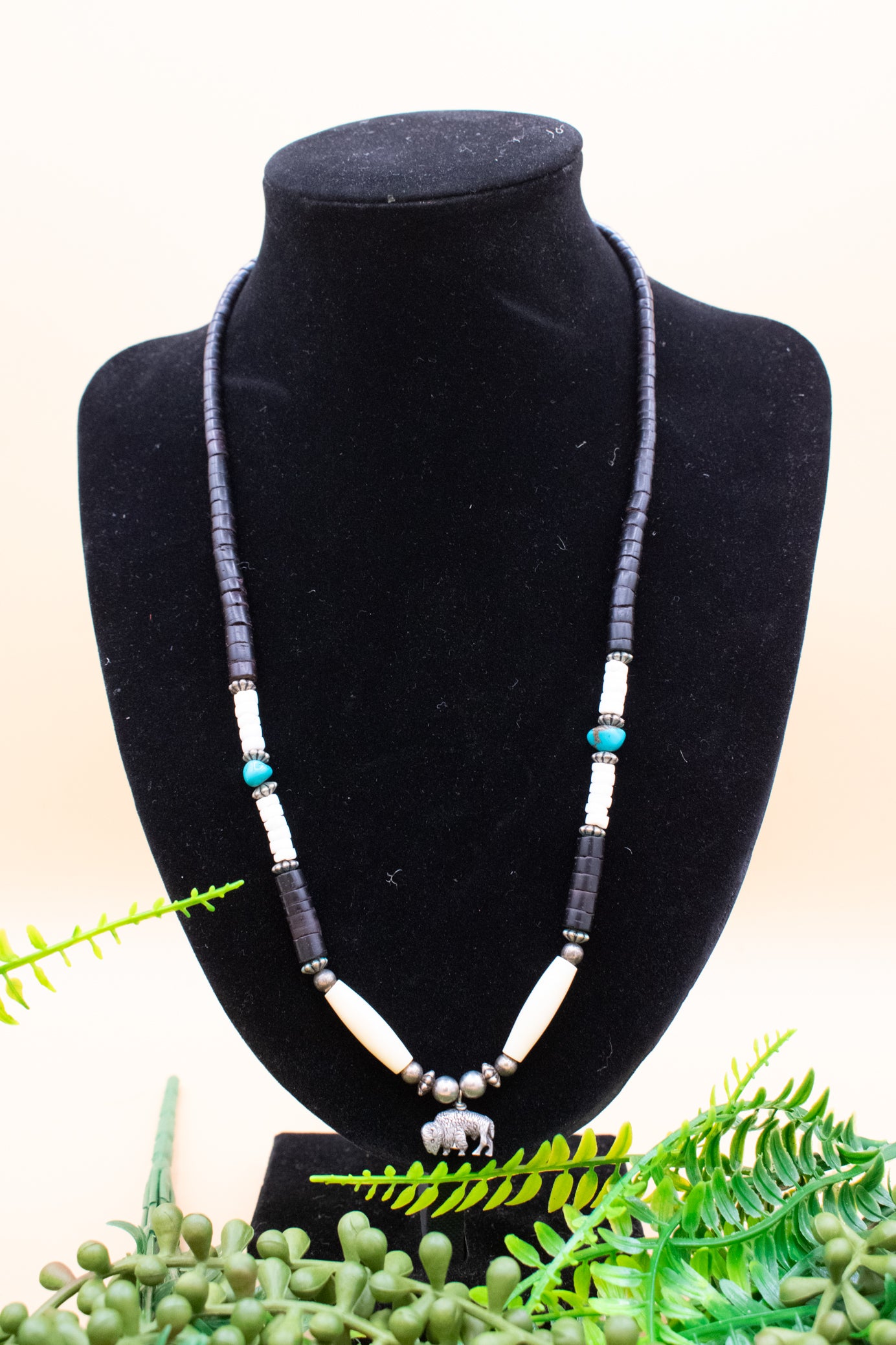 Vintage Native American Navajo Necklace with Silver Buffalo Black Wooden Beads