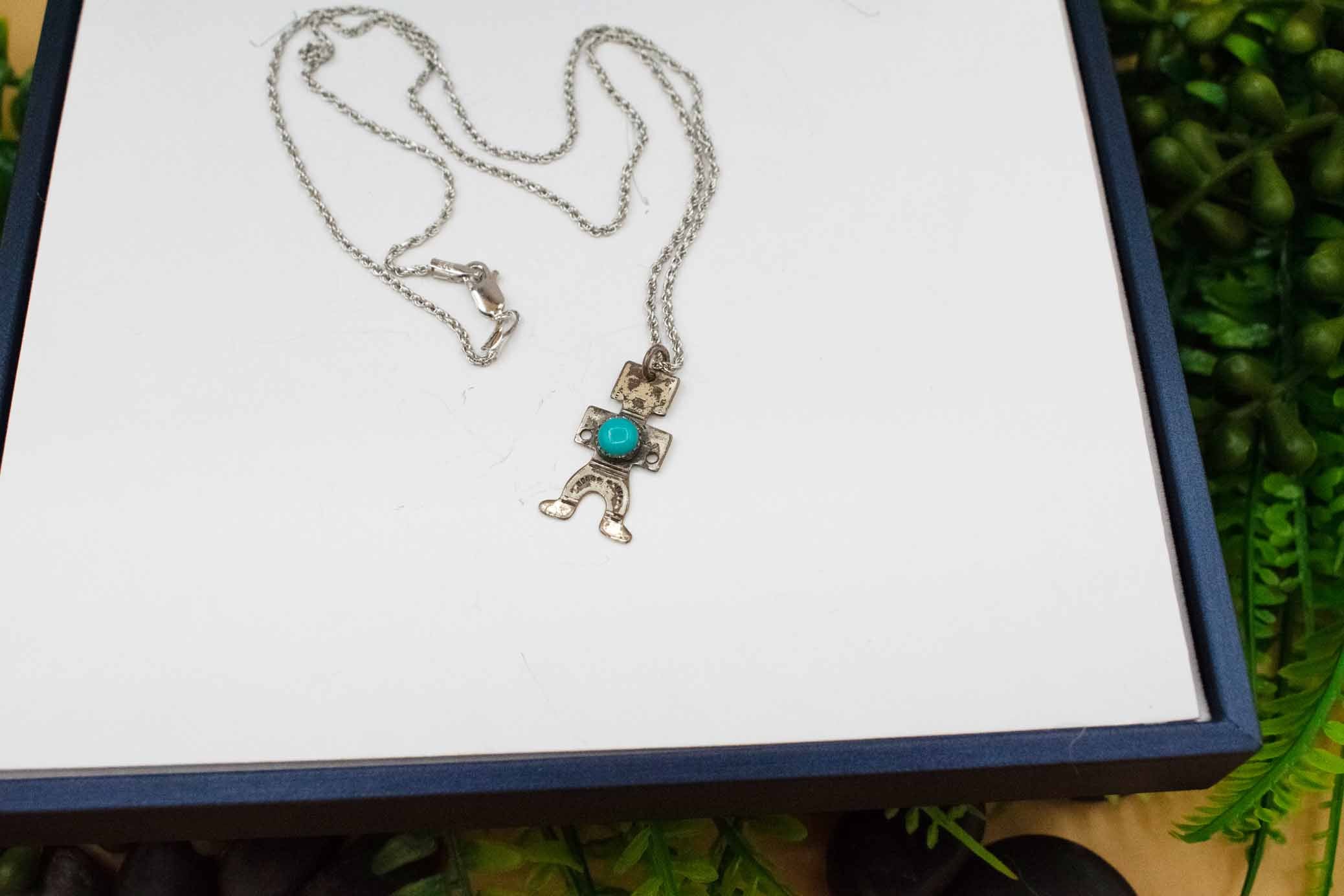 Vintage Sterling Silver Tiny Navajo Dancer Turquoise Pendant Harvey Era Native with Chain