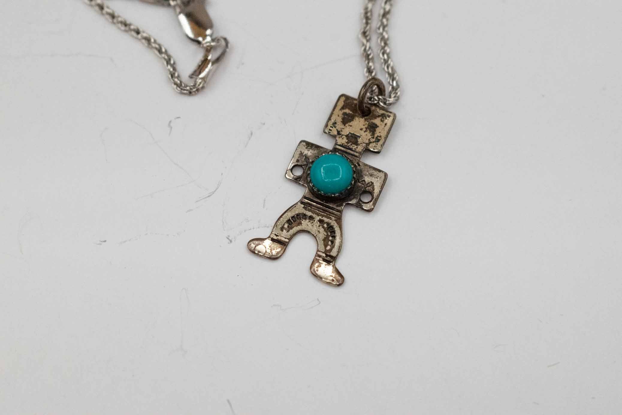 Vintage Sterling Silver Tiny Navajo Dancer Turquoise Pendant Harvey Era Native with Chain