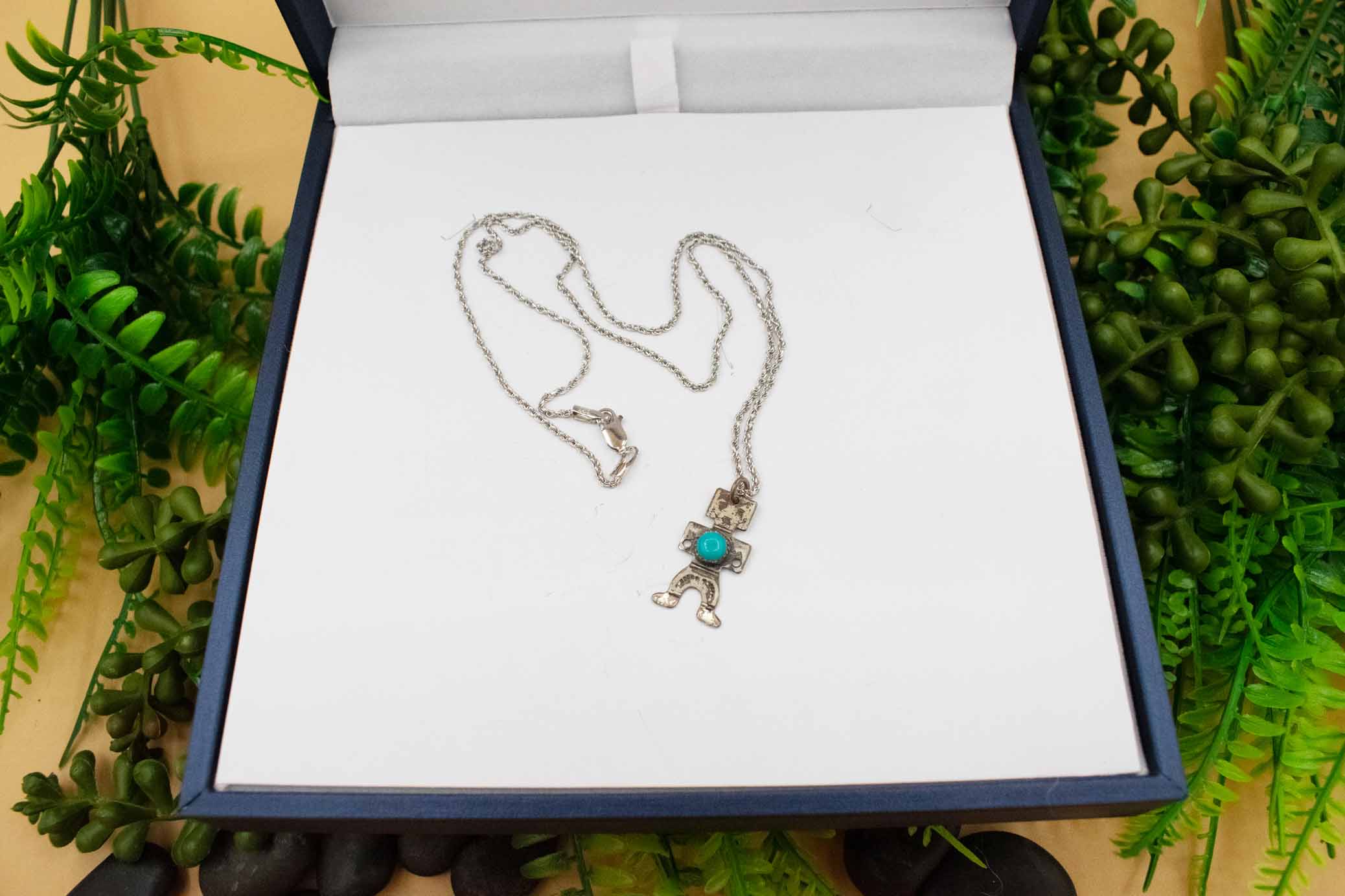 Vintage Sterling Silver Tiny Navajo Dancer Turquoise Pendant Harvey Era Native with Chain