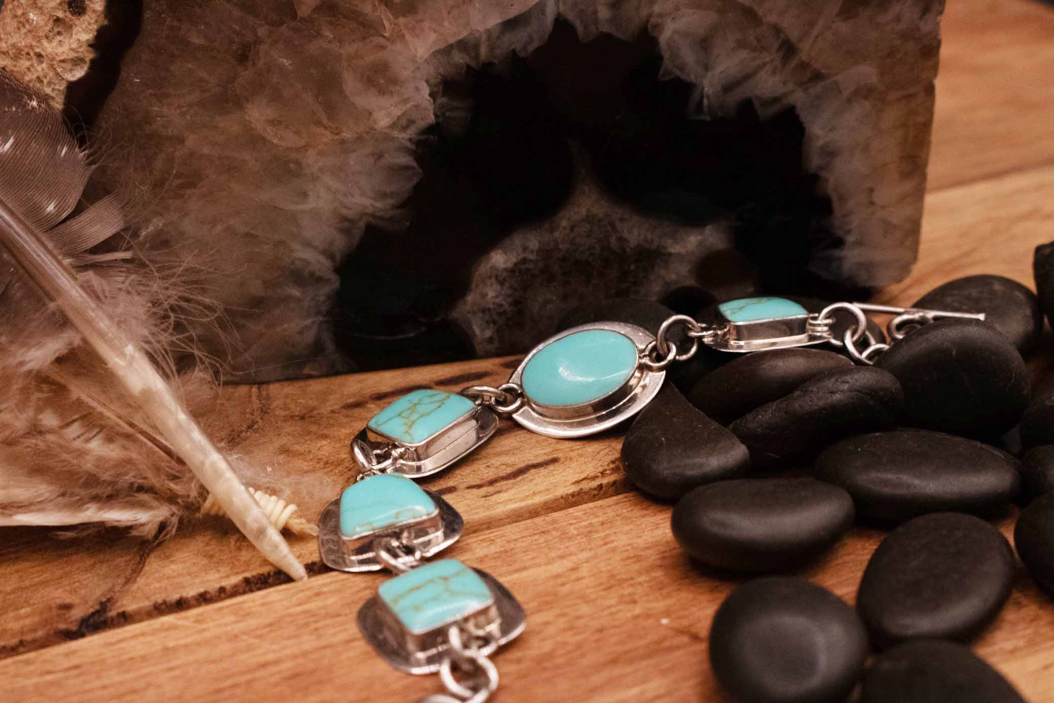 Sterling Silver Link Bracelet with 5 Royston Turquoise Gemstones From Mexico