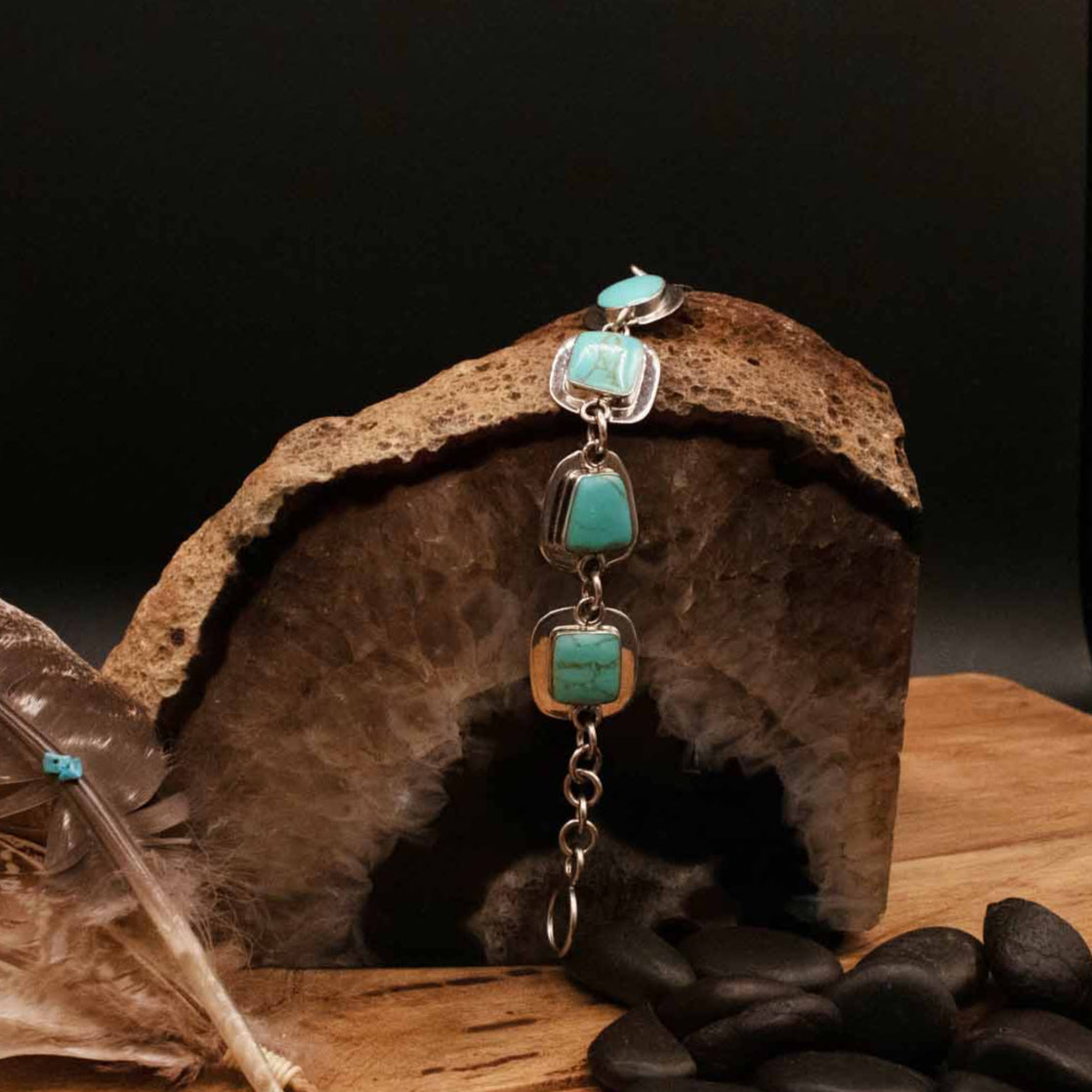 Sterling Silver Link Bracelet with 5 Royston Turquoise Gemstones From Mexico
