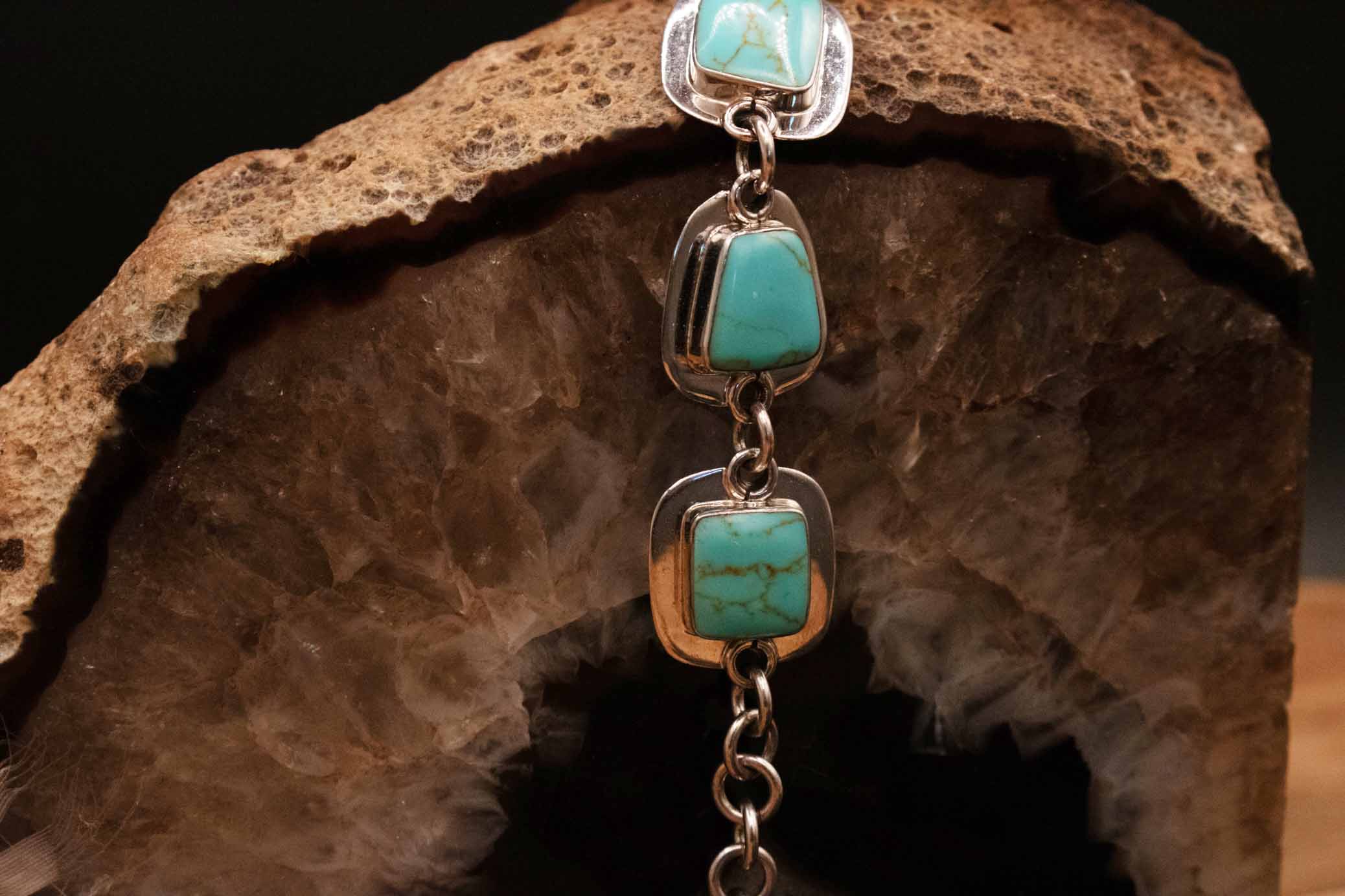 Sterling Silver Link Bracelet with 5 Royston Turquoise Gemstones From Mexico