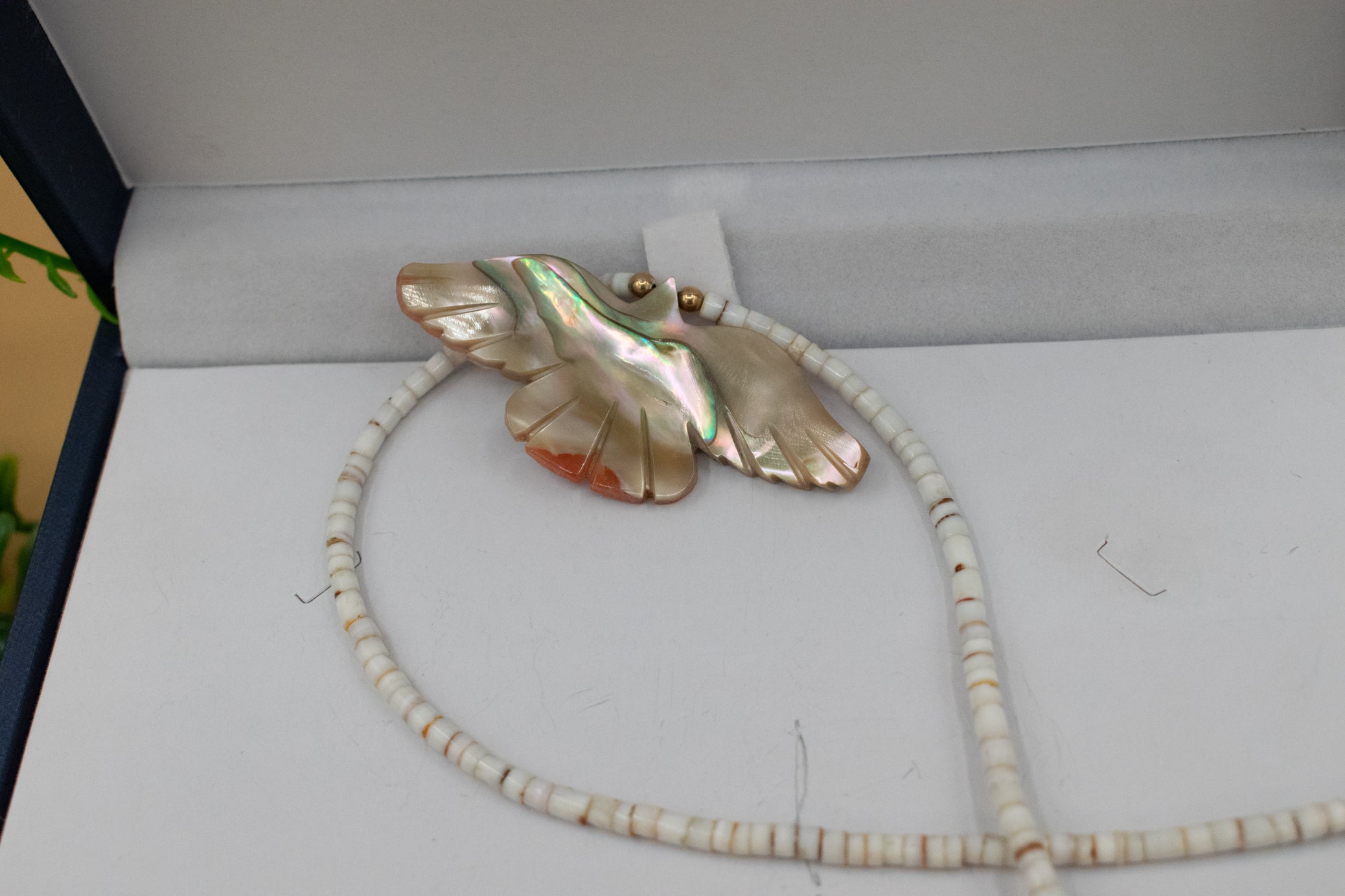 Native American Navajo Necklace with Shell Beads and an Abalone Shell Bird Pendant