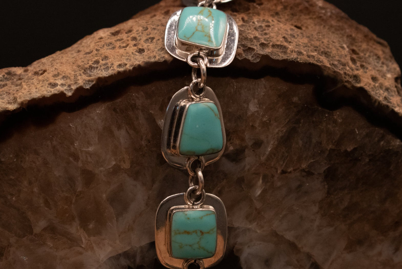 Sterling Silver Link Bracelet with 5 Royston Turquoise Gemstones From Mexico