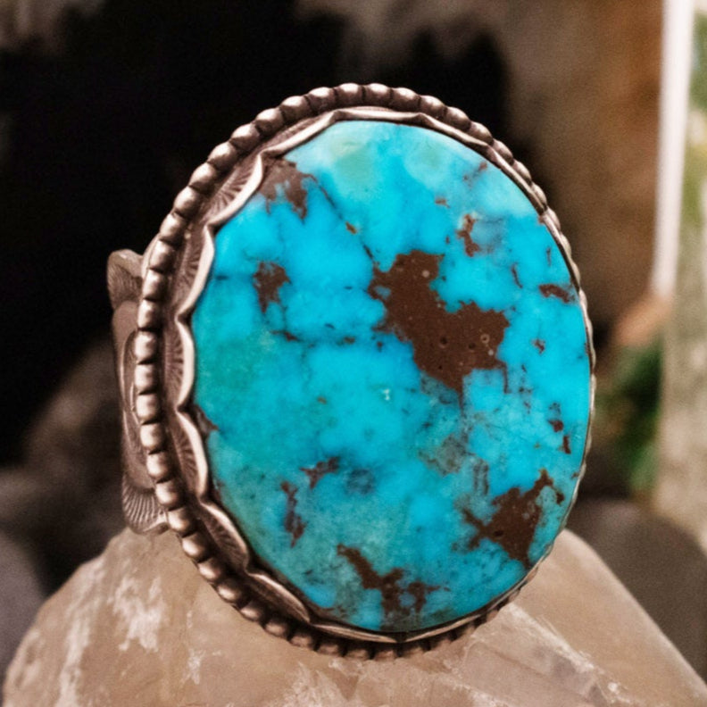 Vintage Navajo Sterling Silver Big Turquoise Ring Stamped Elgin Tom Size 11