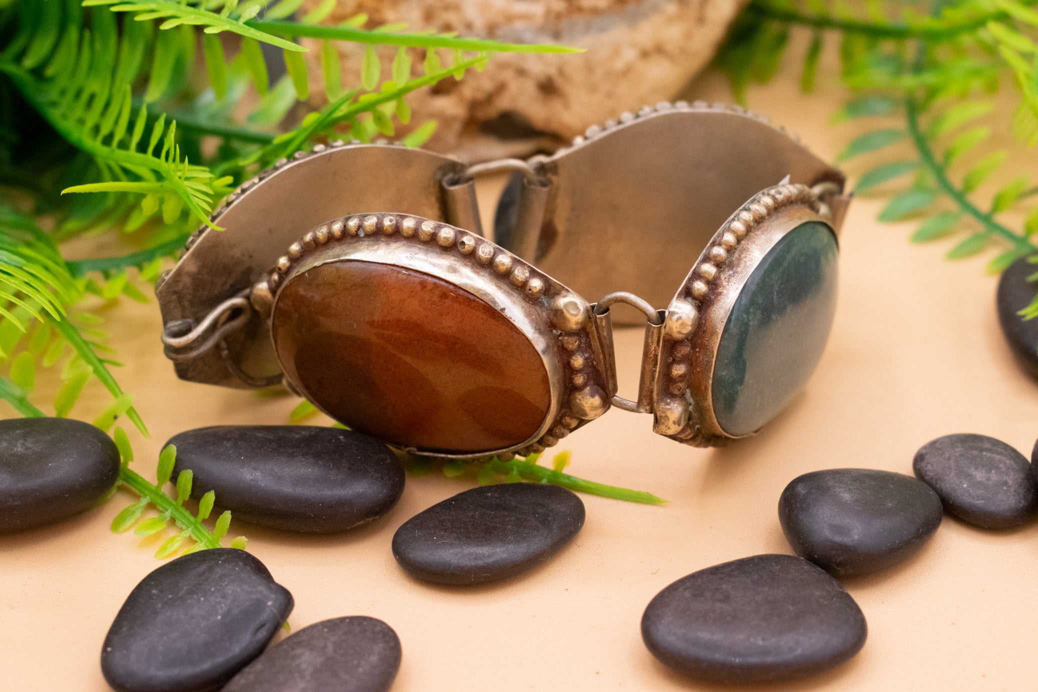 Vintage Silver Bracelet Features Polished Jasper, Agate, Jade and Onyx Stones