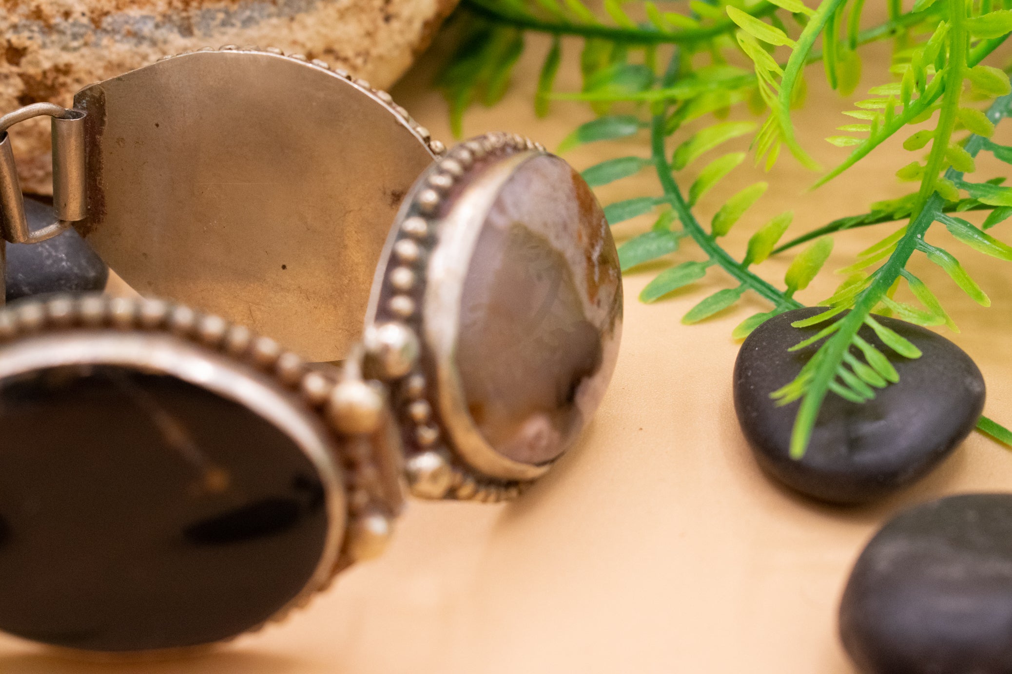 Vintage Silver Bracelet Features Polished Jasper, Agate, Jade and Onyx Stones