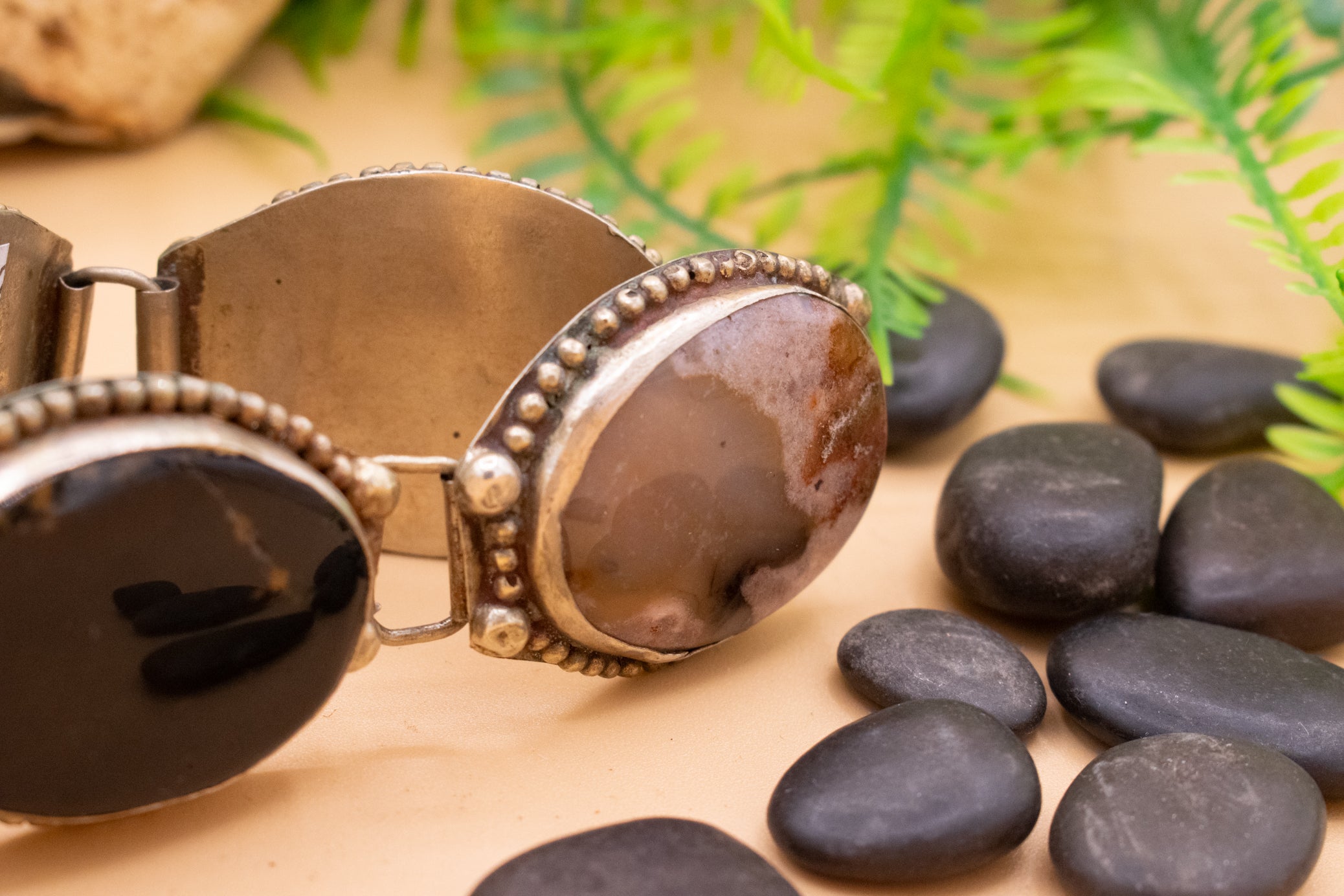 Vintage Silver Bracelet Features Polished Jasper, Agate, Jade and Onyx Stones