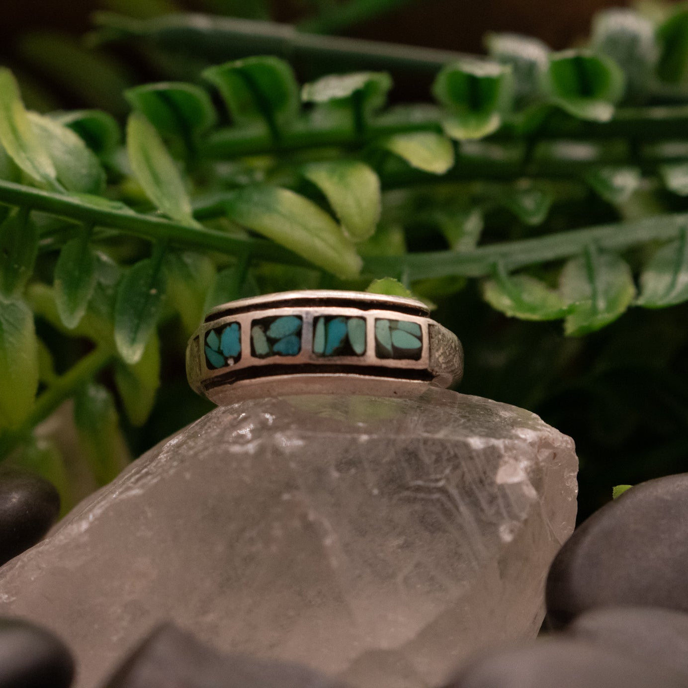 Sterling Silver Band with Inlaid Hachiya Turquoise Ring -Size 7.5