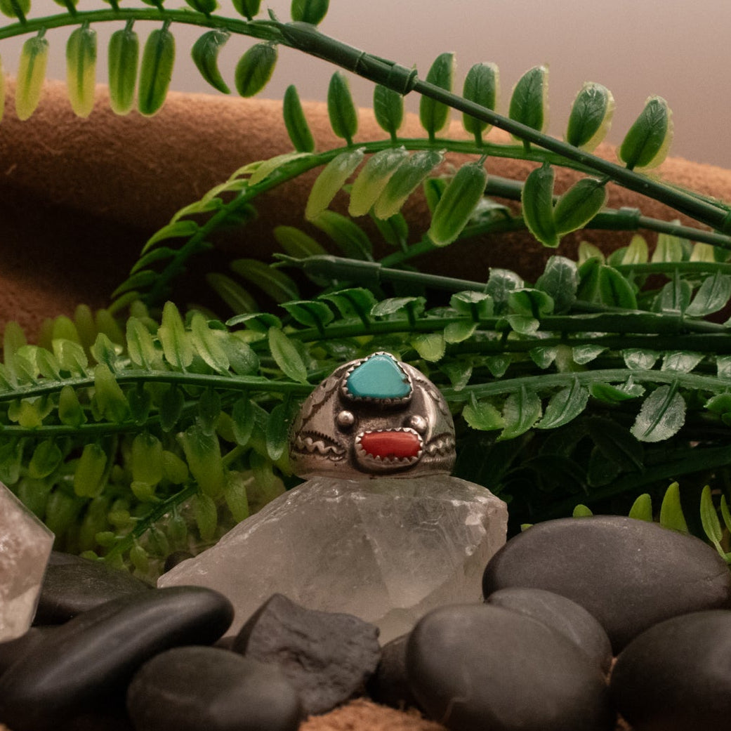 Fox Turquoise & Coral Inlaid Gemstone Sterling Silver Ring Size 11