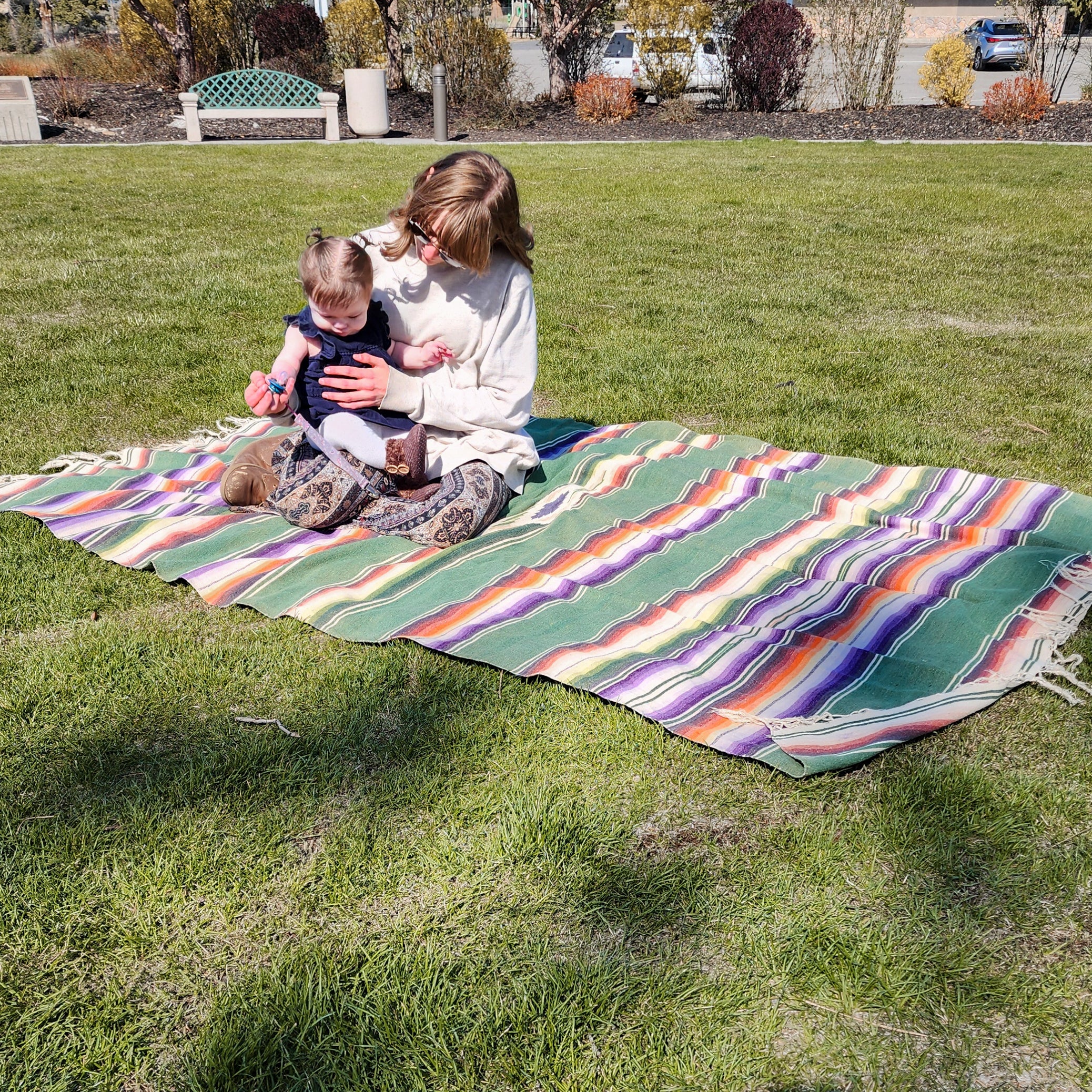 Vintage Forest Green Multicolored Wool Saltillo Sarape Mexican Blanket