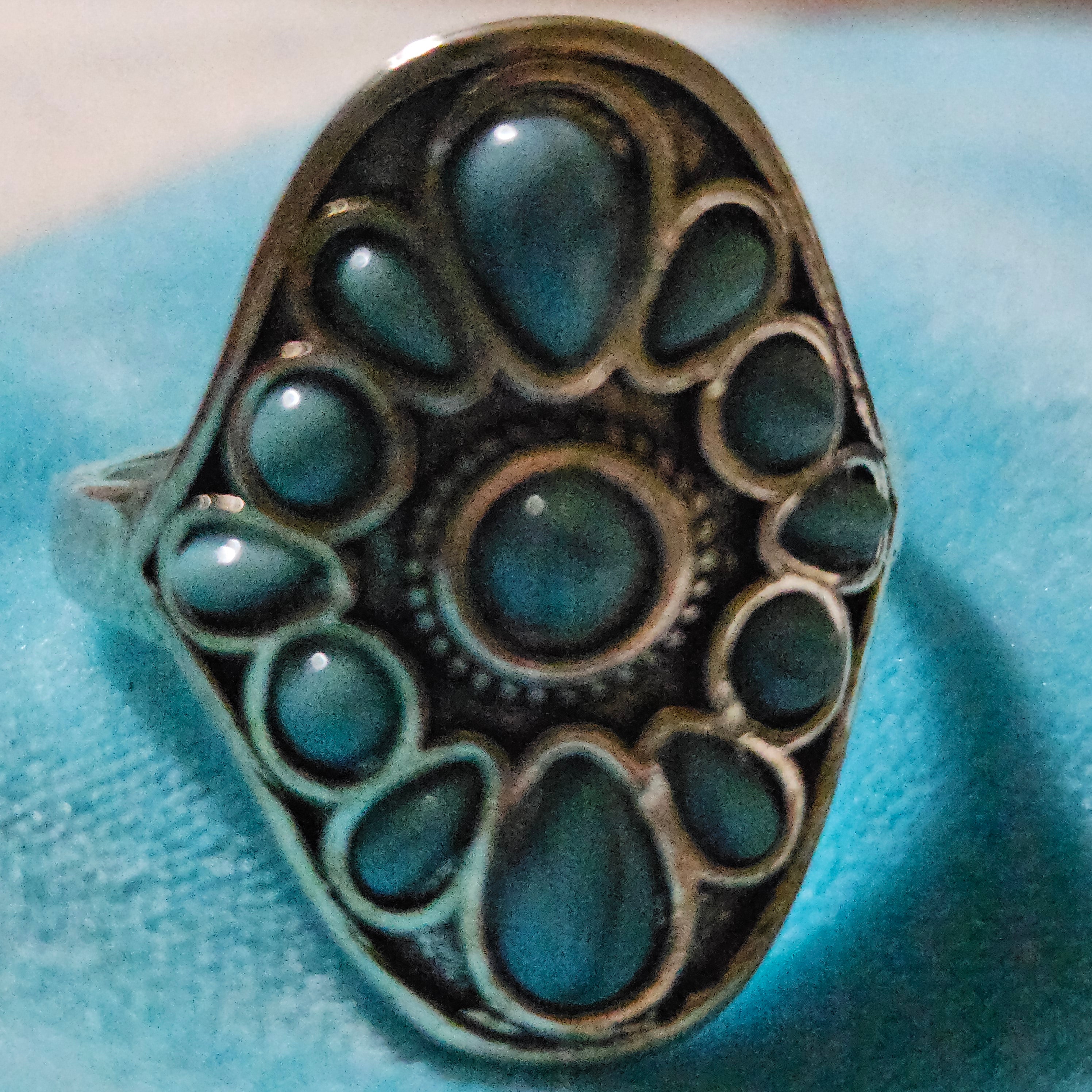 Flower Alloy Plated Silver Ring with Faux Turquoise Gems Size 10
