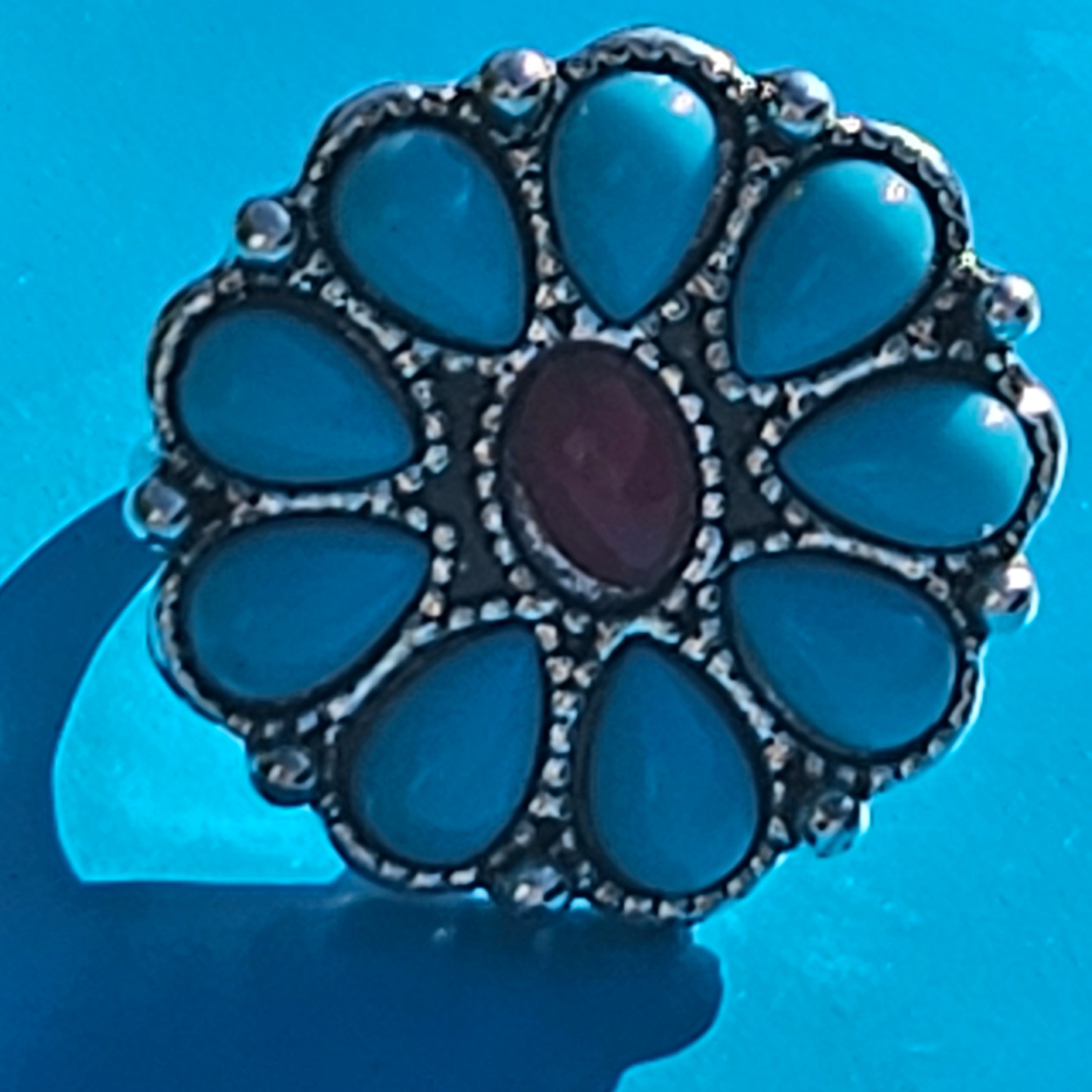 Large Faux Turquoise Alloy Plated Silver Flower Ring Size 6