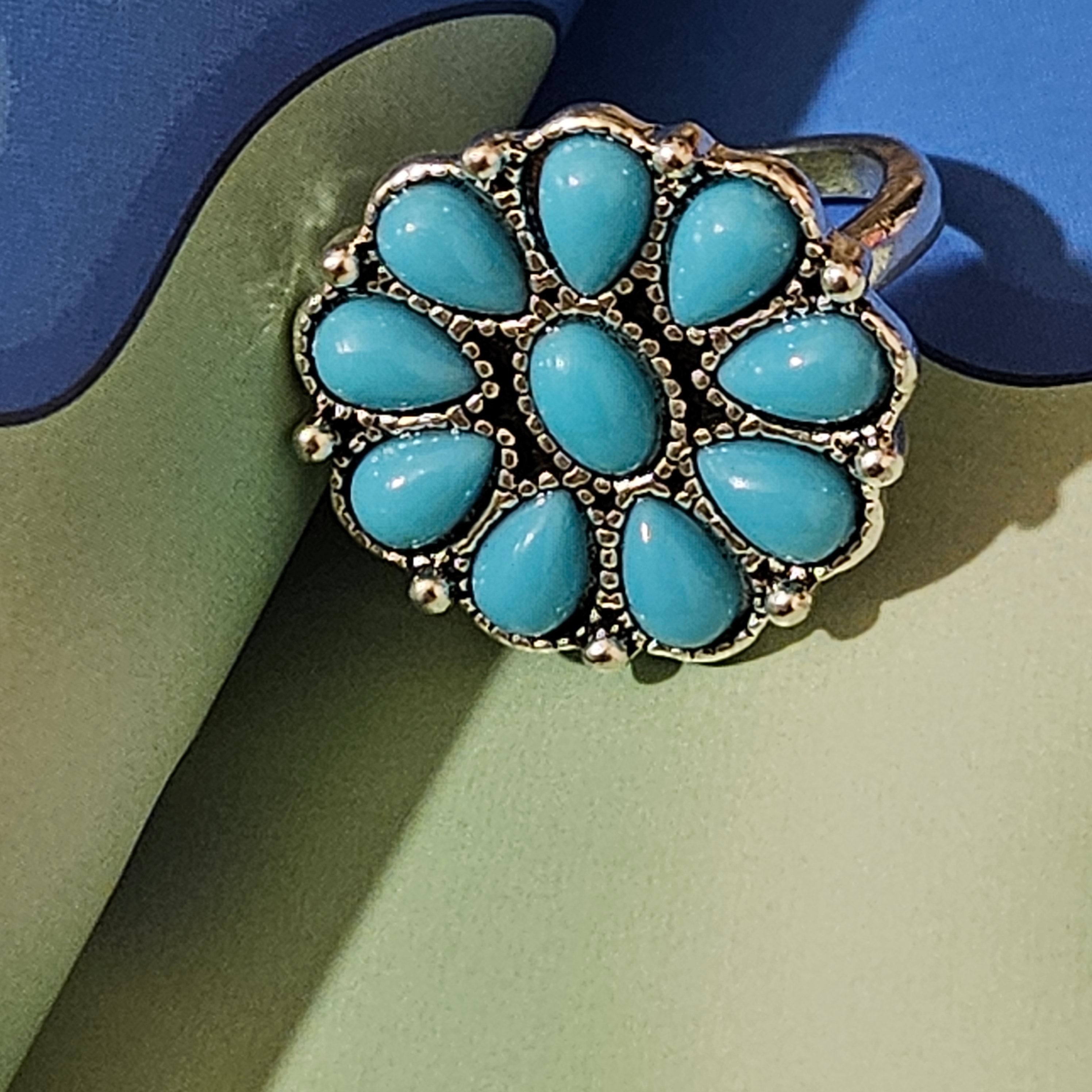 Shiny Alloy Plated Silver Faux Turquoise Flower Ring Size 6