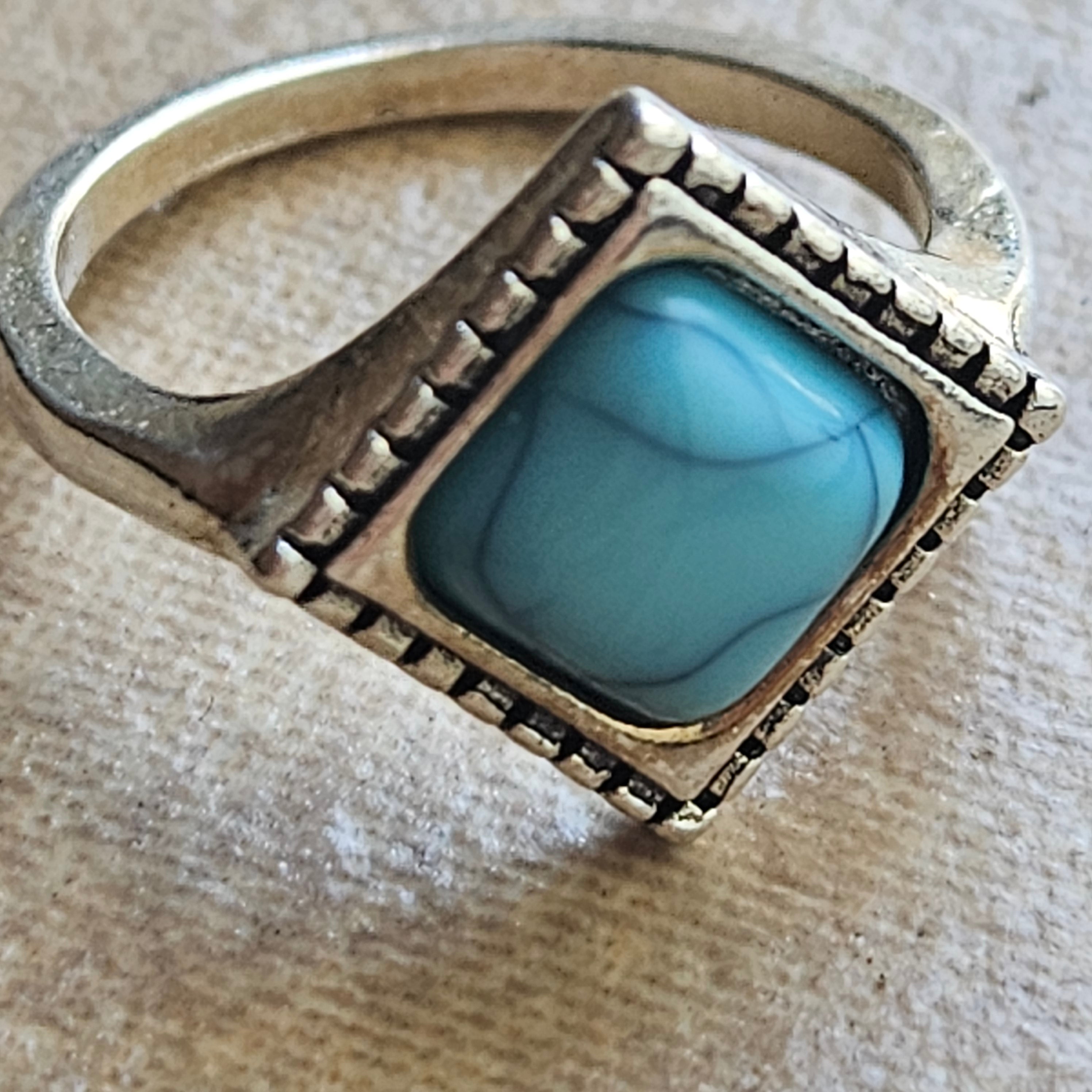 Alloy Silver Plated Faux Turquoise Ring Size 7