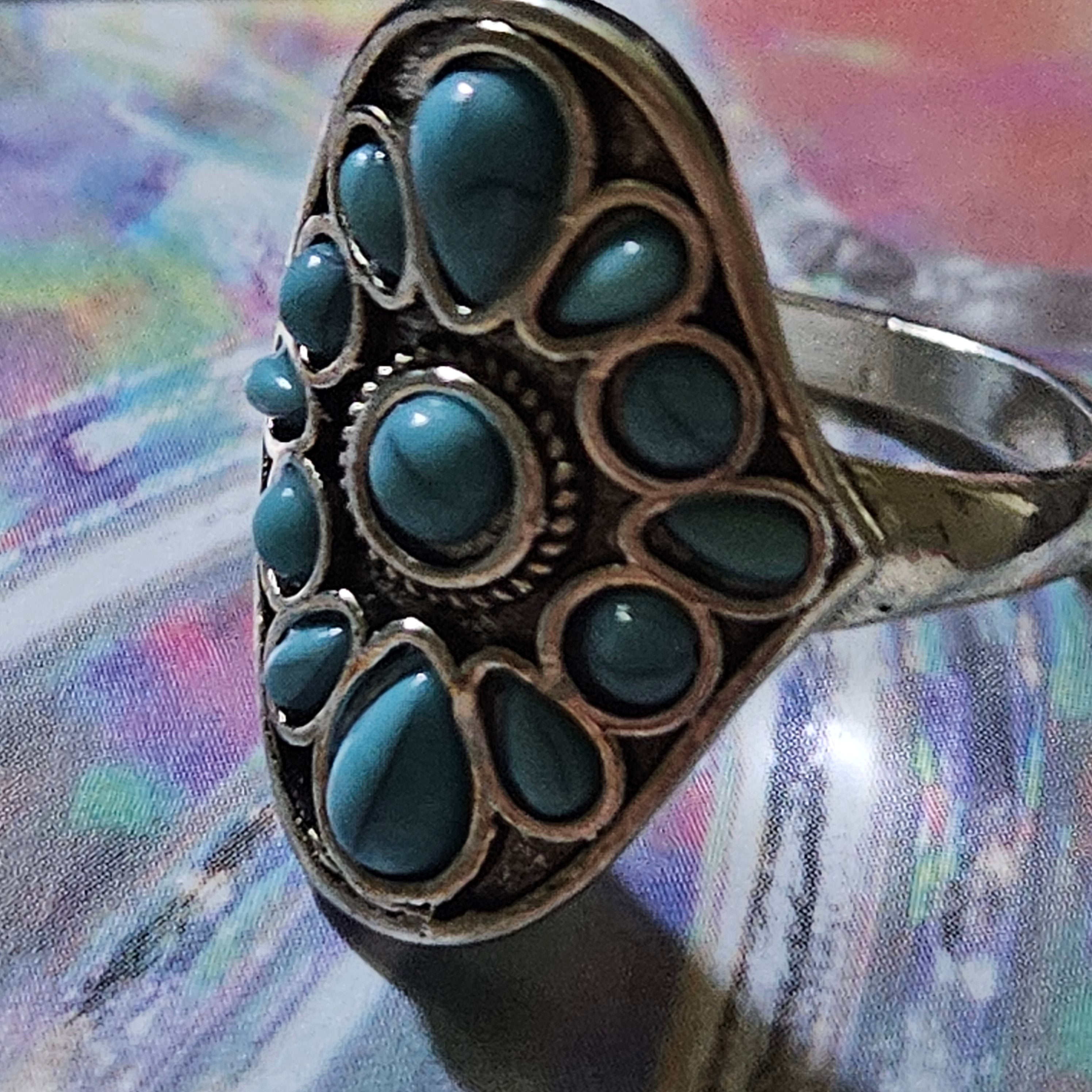 Flower Alloy Plated Silver Ring with Faux Turquoise Gems Size 10