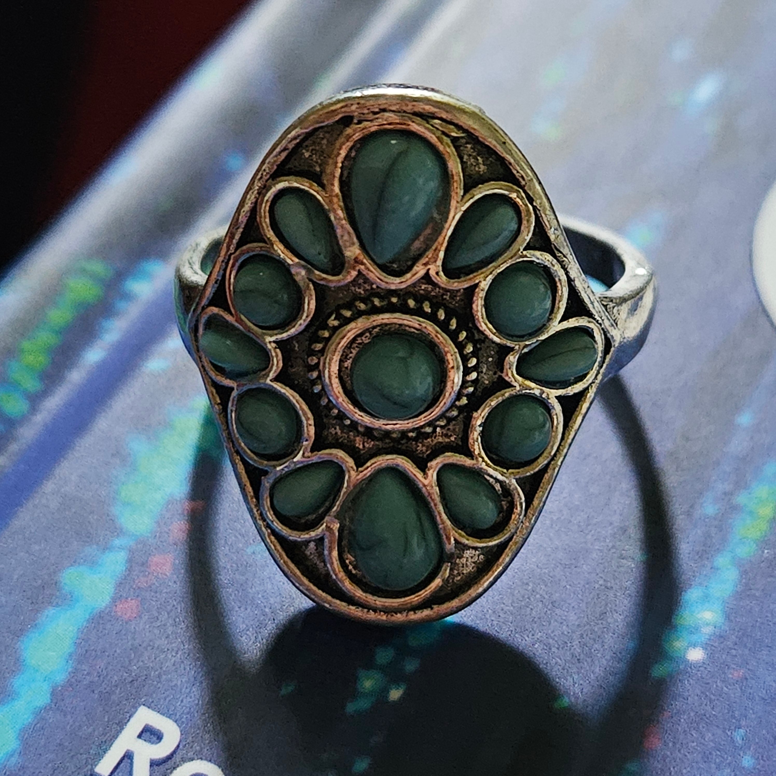 Flower Alloy Plated Silver Ring with Faux Turquoise Gems Size 10