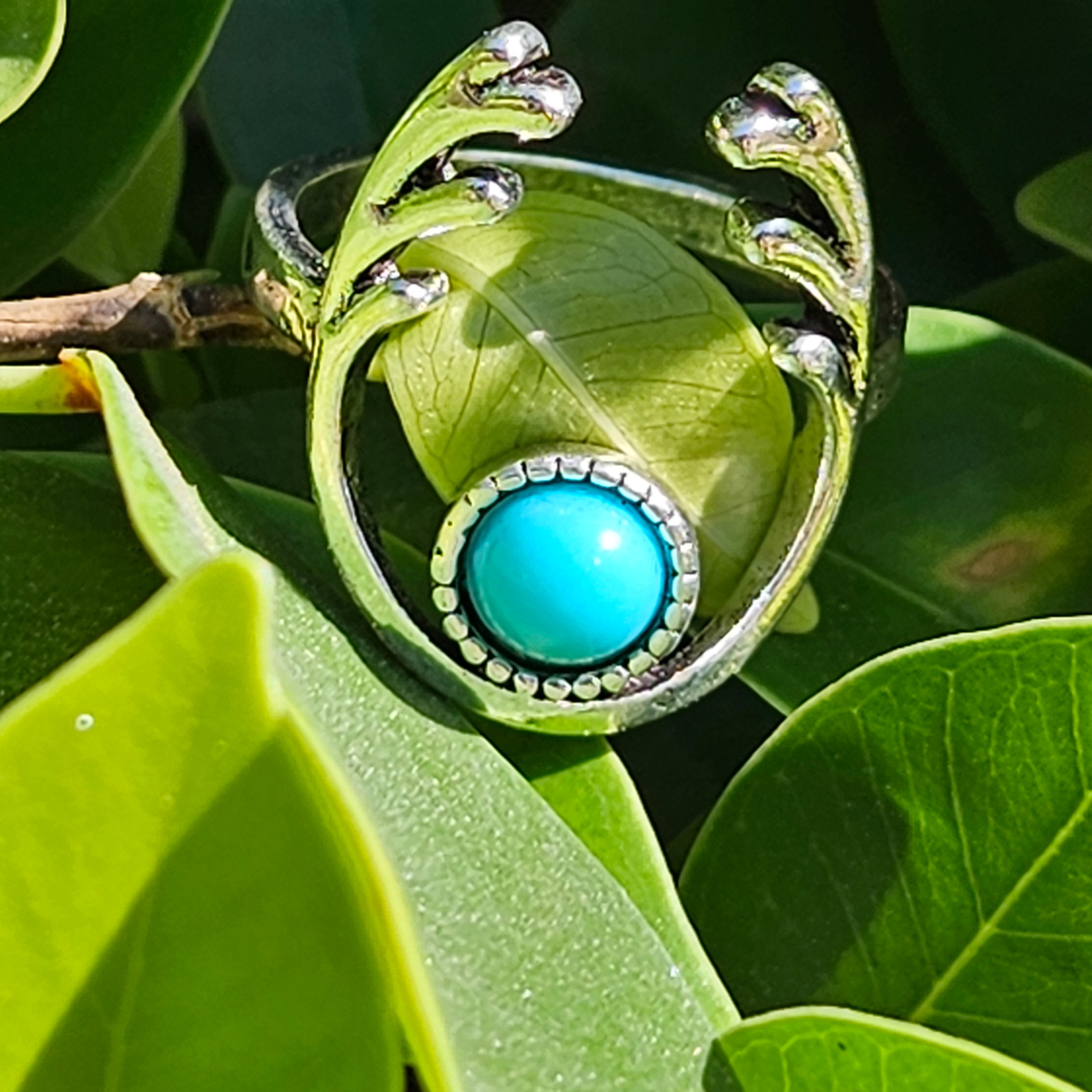 Alloy Plated Silver Faux Turquoise Antler Ring Size 7