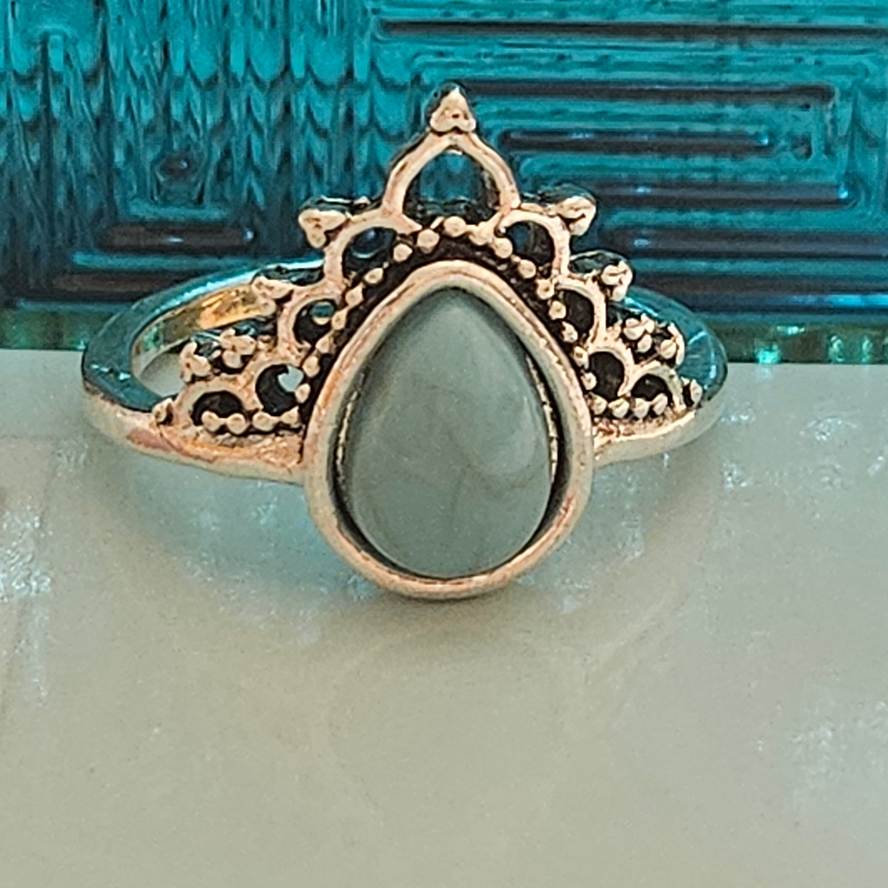 Bright Alloy Silver Plated Faux Turquoise Tear Ring Size 8.5