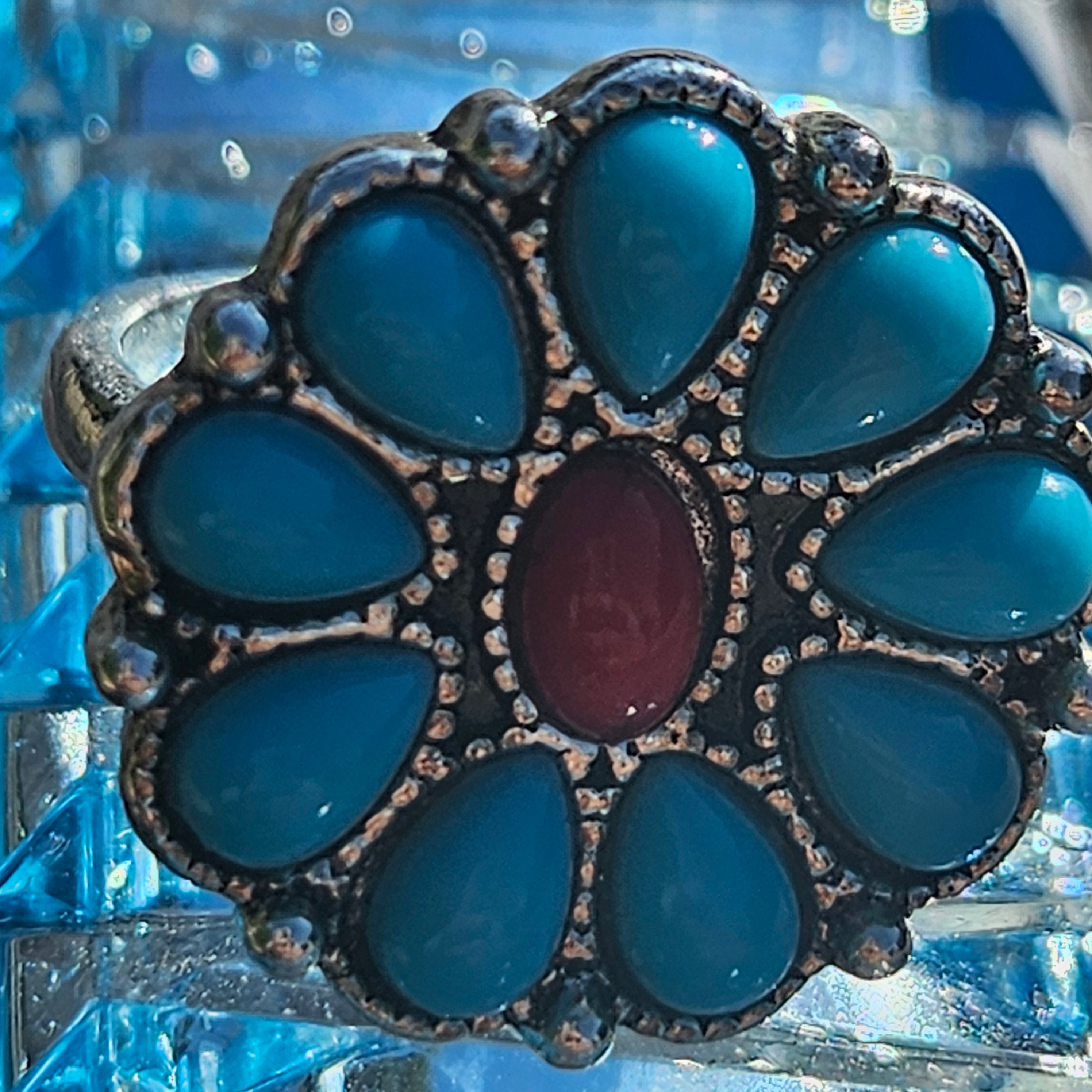 Large Faux Turquoise Alloy Plated Silver Flower Ring Size 6