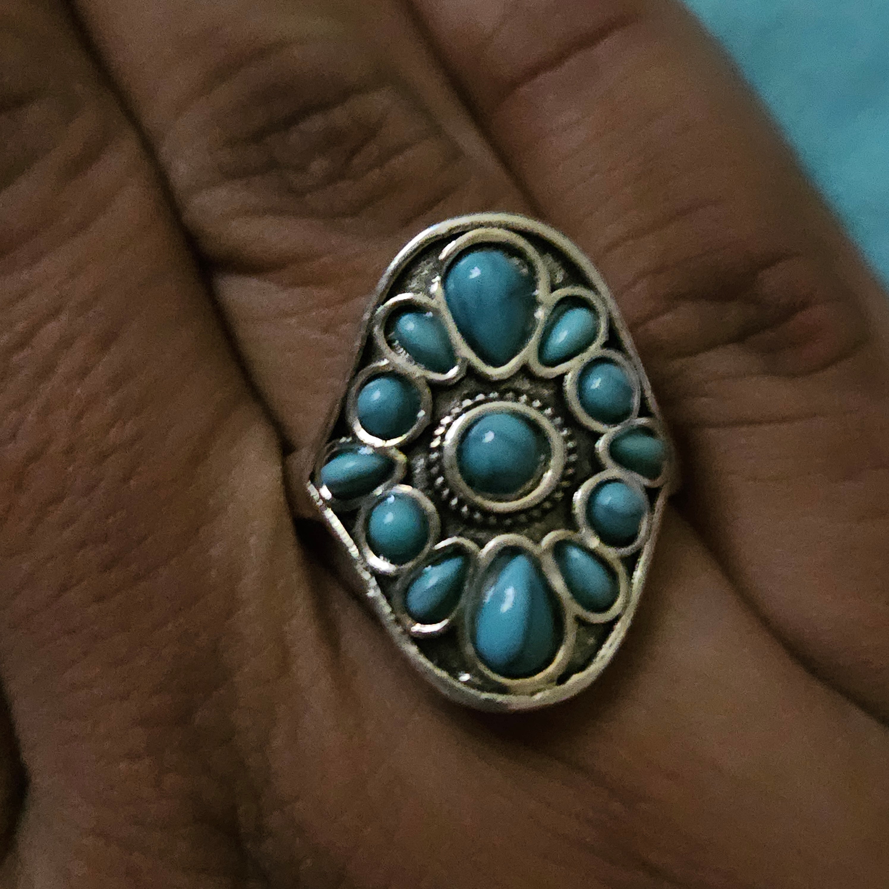 Flower Alloy Plated Silver Ring with Faux Turquoise Gems Size 10