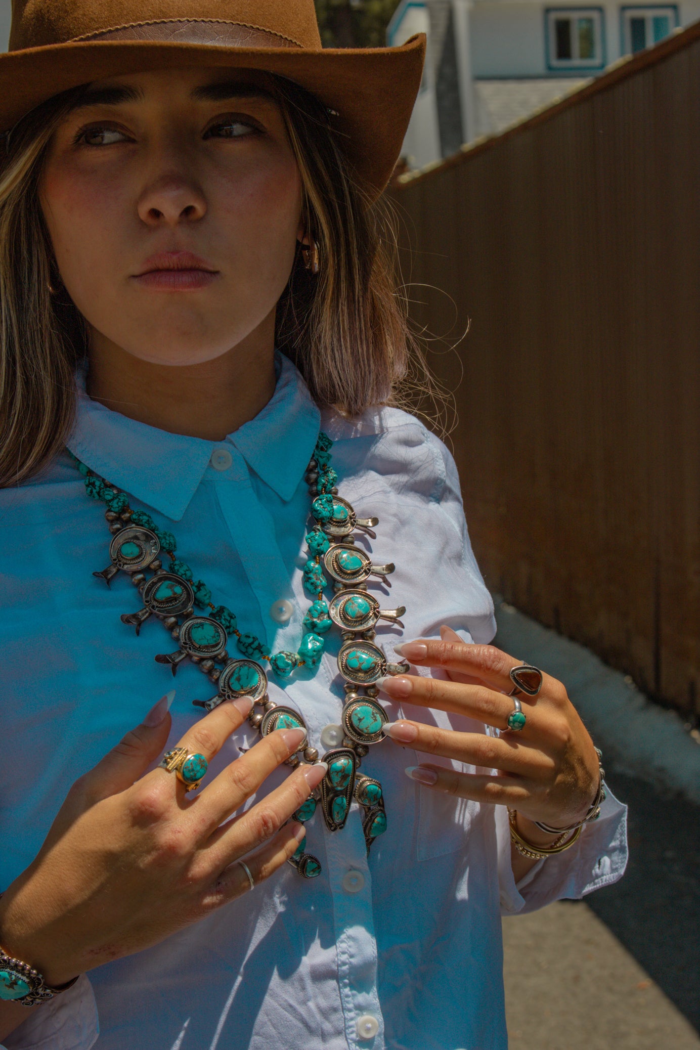 Vintage Navajo Turquoise Sterling Silver Squash Blossom Necklace