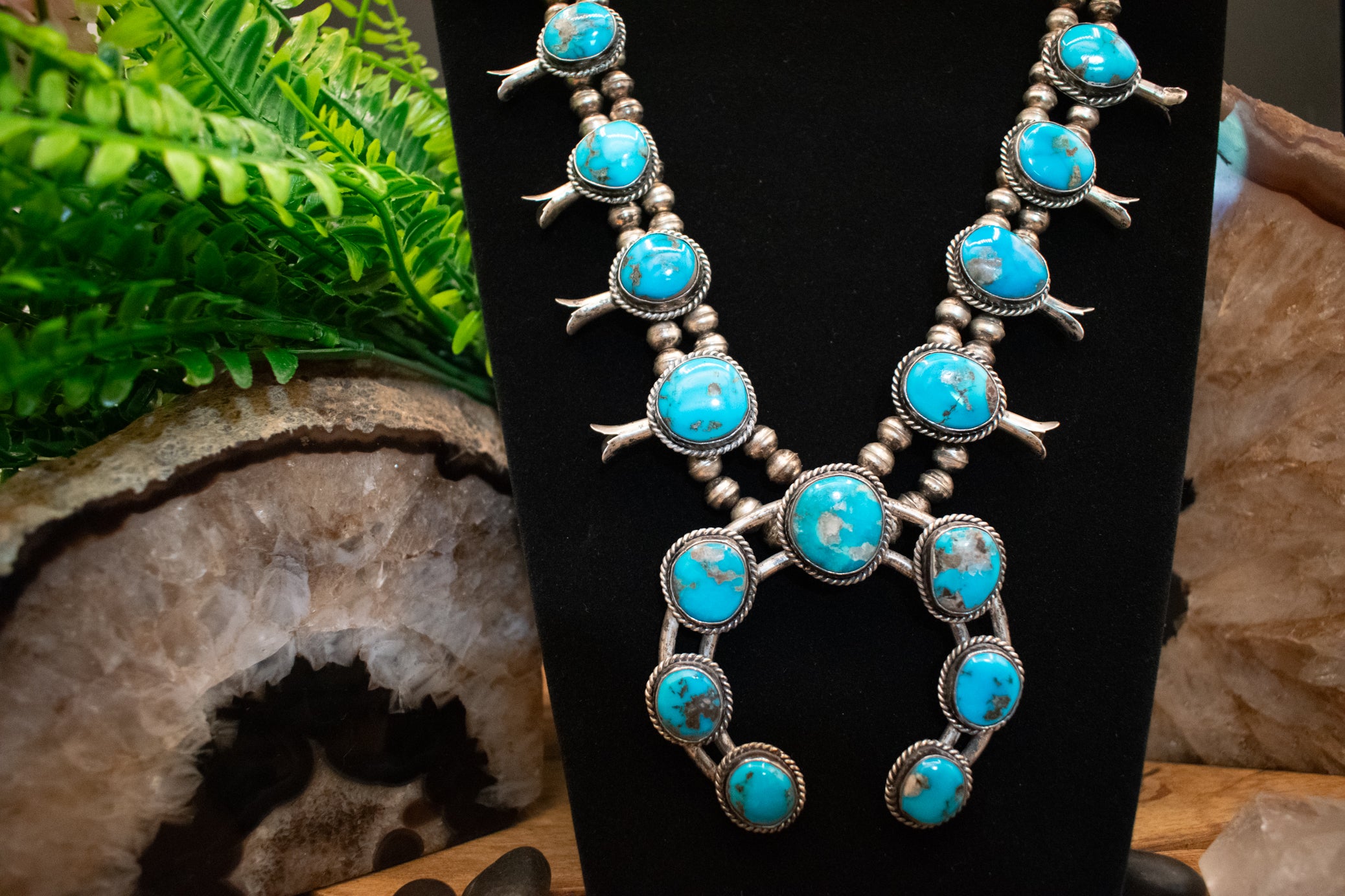 Vintage Navajo Squash Blossom Necklace Crafted from Morenci Turquoise and Sterling Silver
