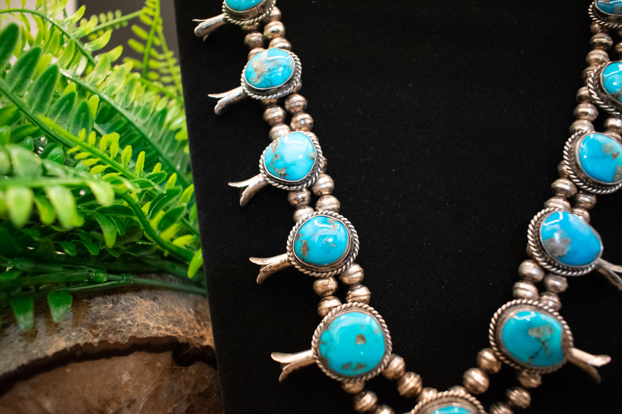 Vintage Navajo Squash Blossom Necklace Crafted from Morenci Turquoise and Sterling Silver