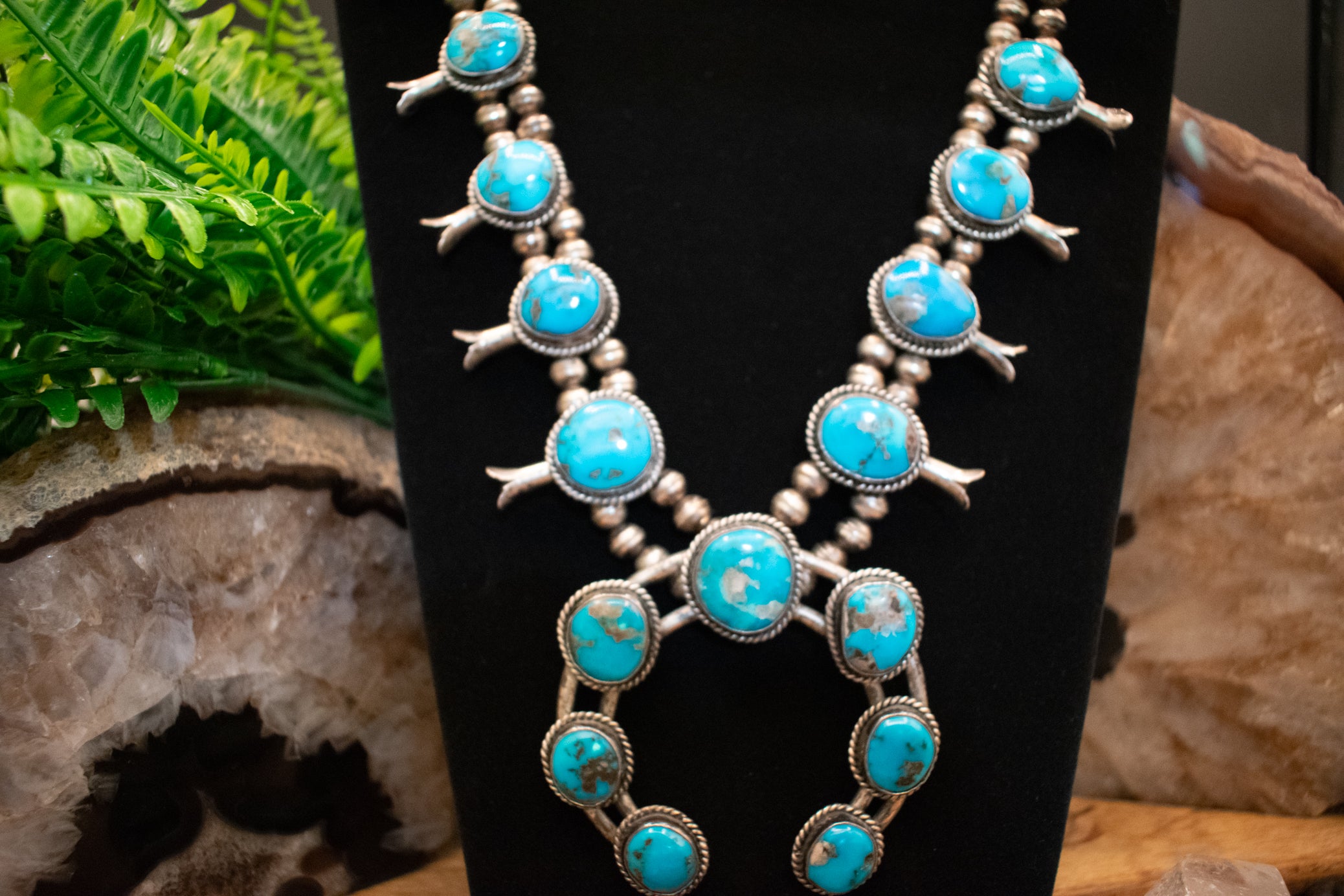 Vintage Navajo Squash Blossom Necklace Crafted from Morenci Turquoise and Sterling Silver