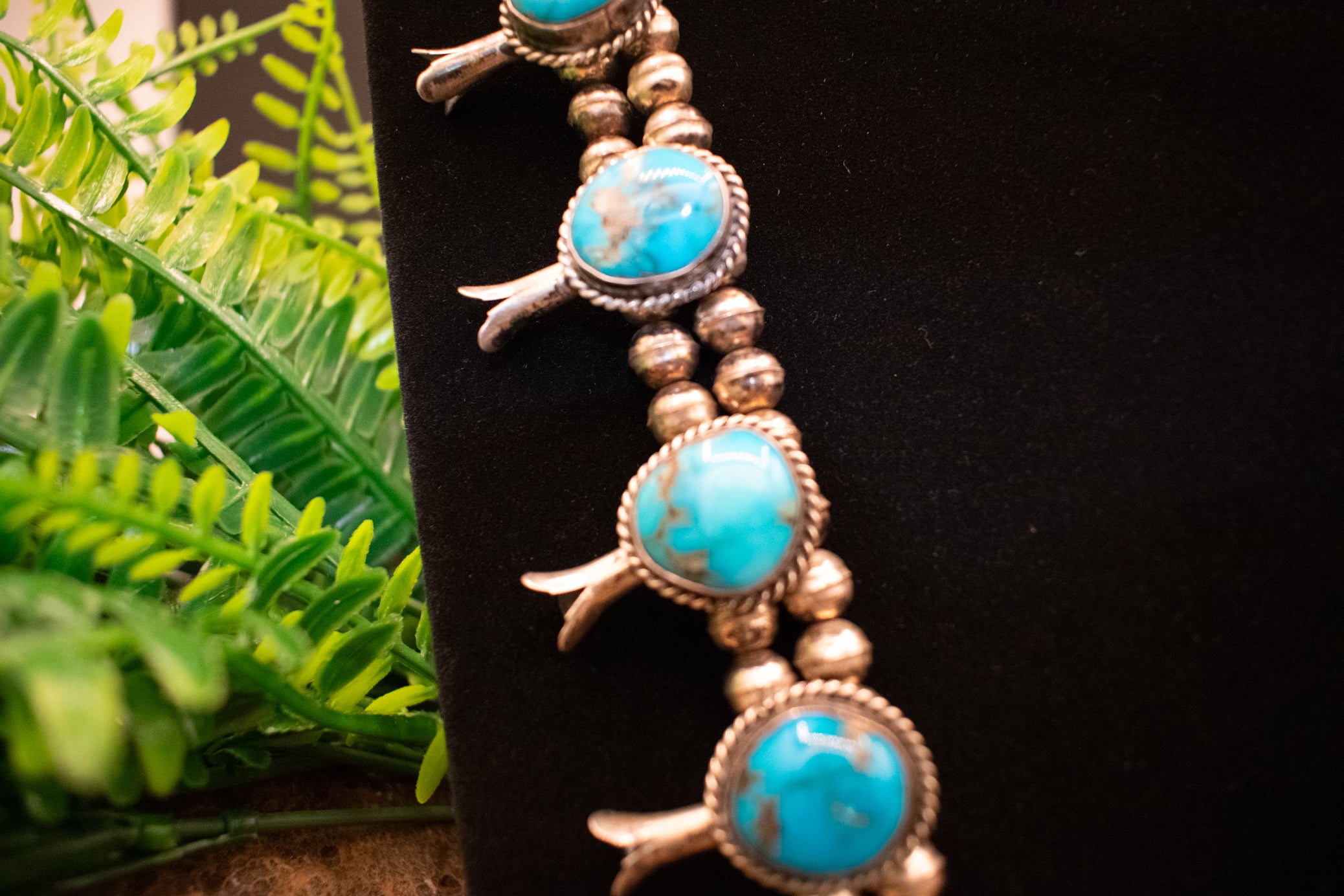 Vintage Navajo Squash Blossom Necklace Crafted from Morenci Turquoise and Sterling Silver