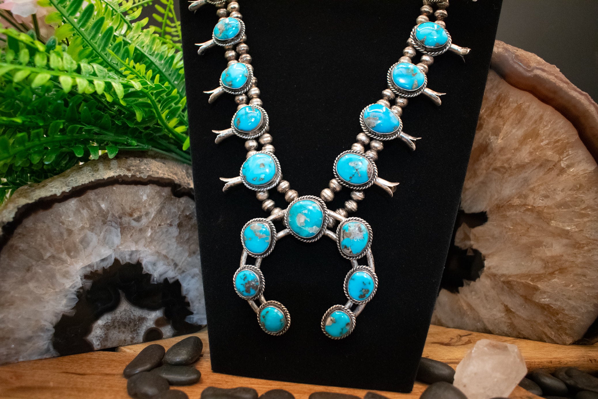 Vintage Navajo Squash Blossom Necklace Crafted from Morenci Turquoise and Sterling Silver