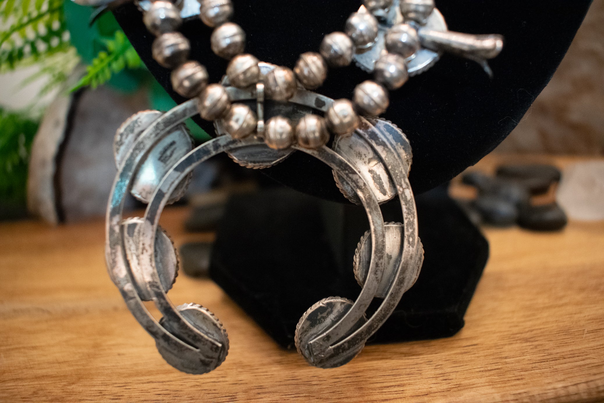 Vintage Navajo Squash Blossom Necklace Crafted from Morenci Turquoise and Sterling Silver