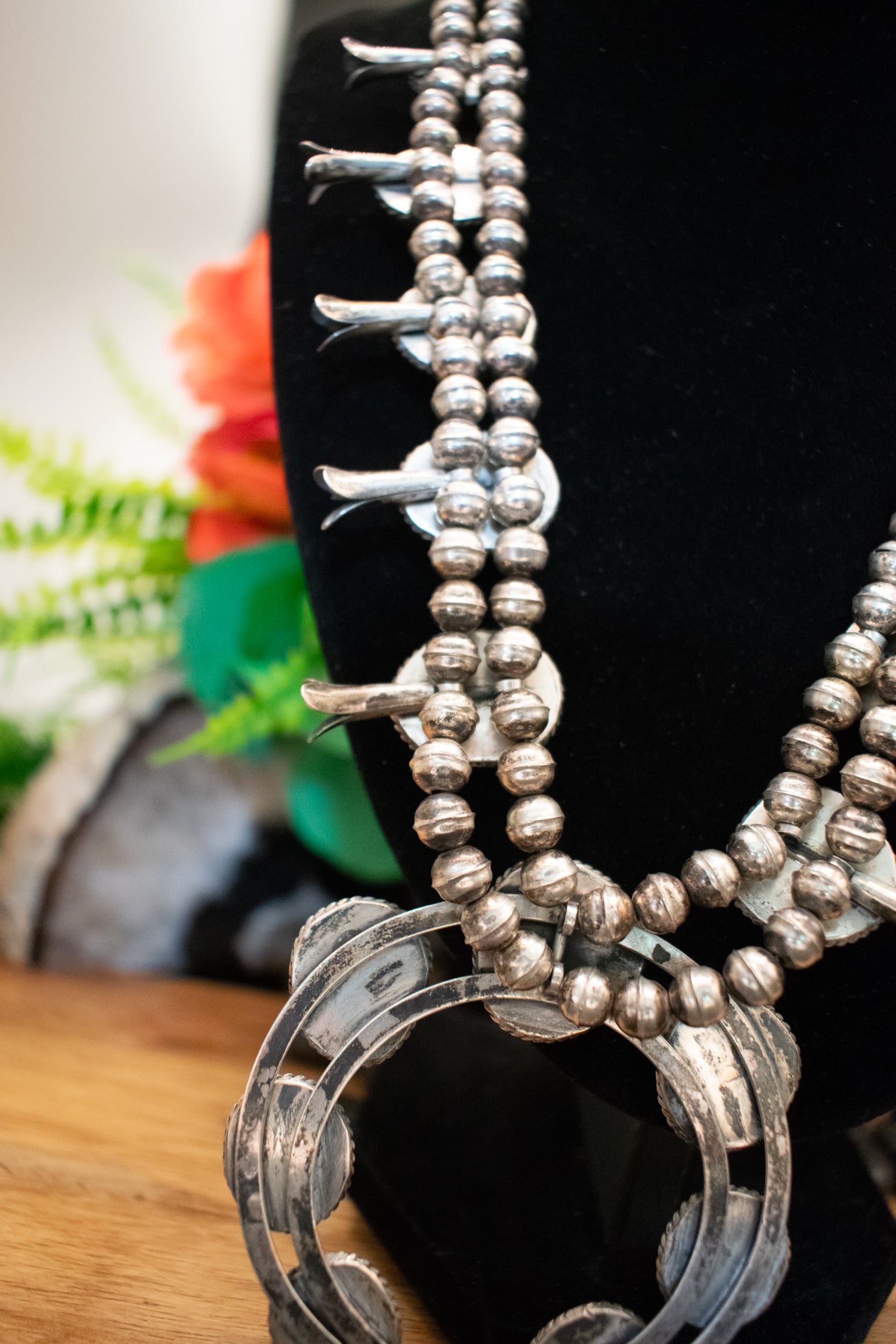 Vintage Navajo Squash Blossom Necklace Crafted from Morenci Turquoise and Sterling Silver