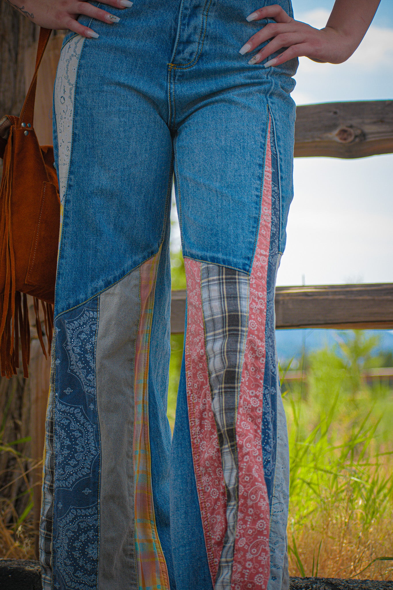 Easel Patchwork Bell Bottom Jeans - Size S