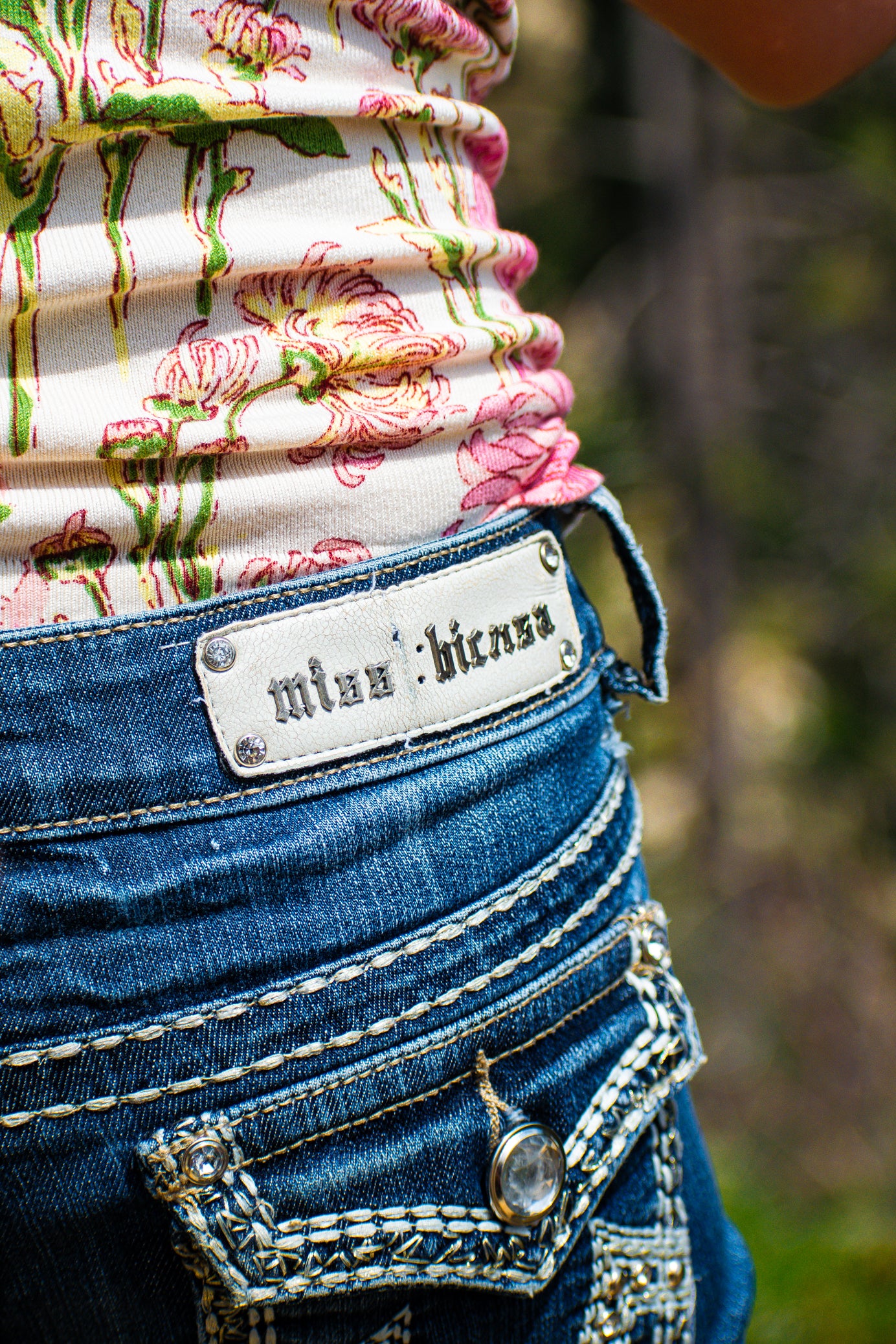 Miss Chic Boot cut Jeans with Jewel Embellishments/Thick White Stitching Embellishing the Butt.