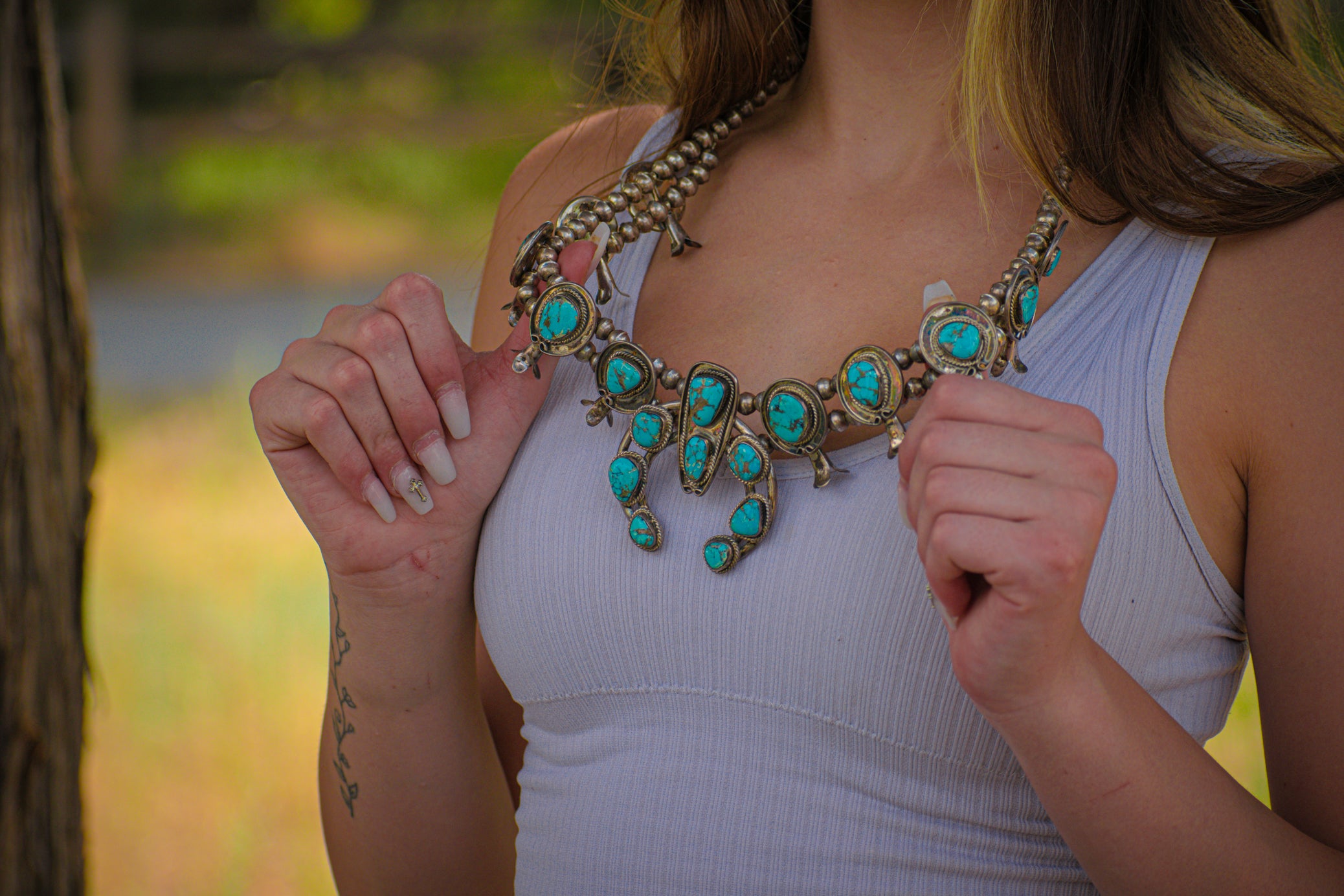 Vintage Navajo Turquoise Sterling Silver Squash Blossom Necklace