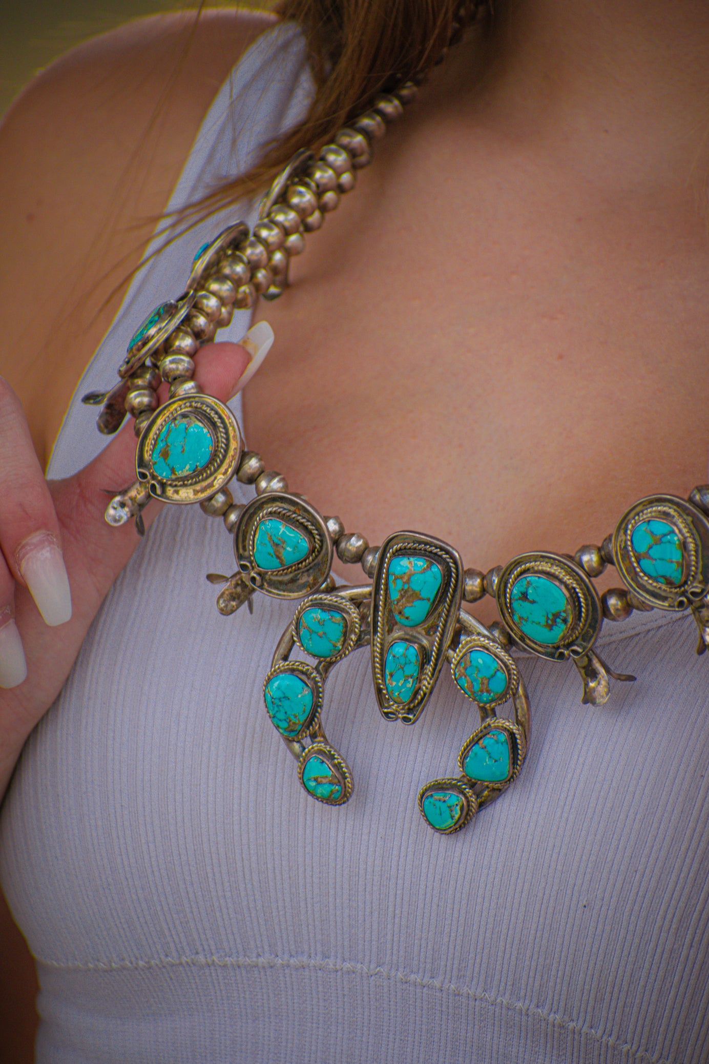 Vintage Navajo Turquoise Sterling Silver Squash Blossom Necklace