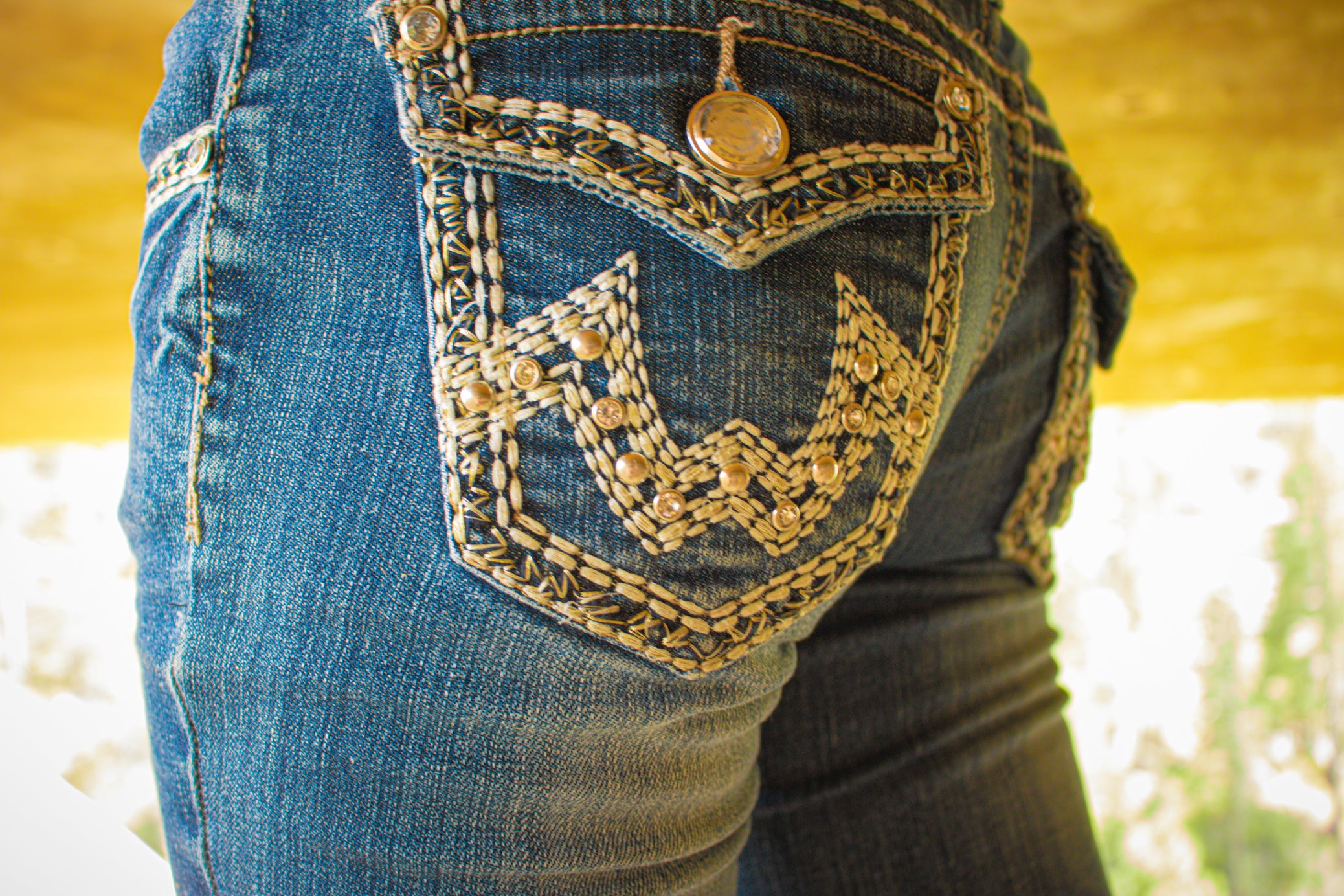 Miss Chic Boot cut Jeans with Jewel Embellishments/Thick White Stitching Embellishing the Butt.